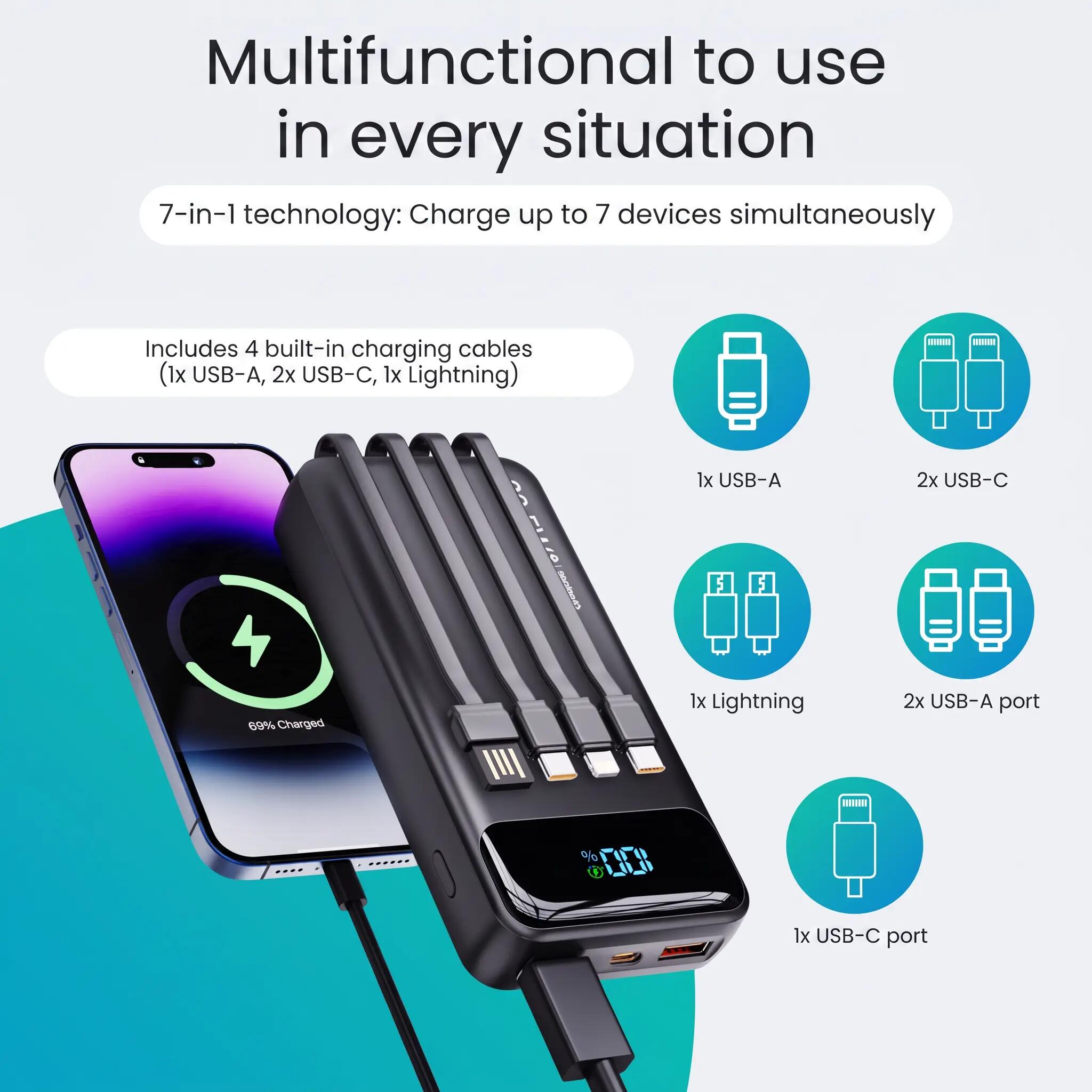 Batterie externe  30 000 mAh, chargeur rapide USB-C 22,5 W avec 4 câbles, noir 6/15