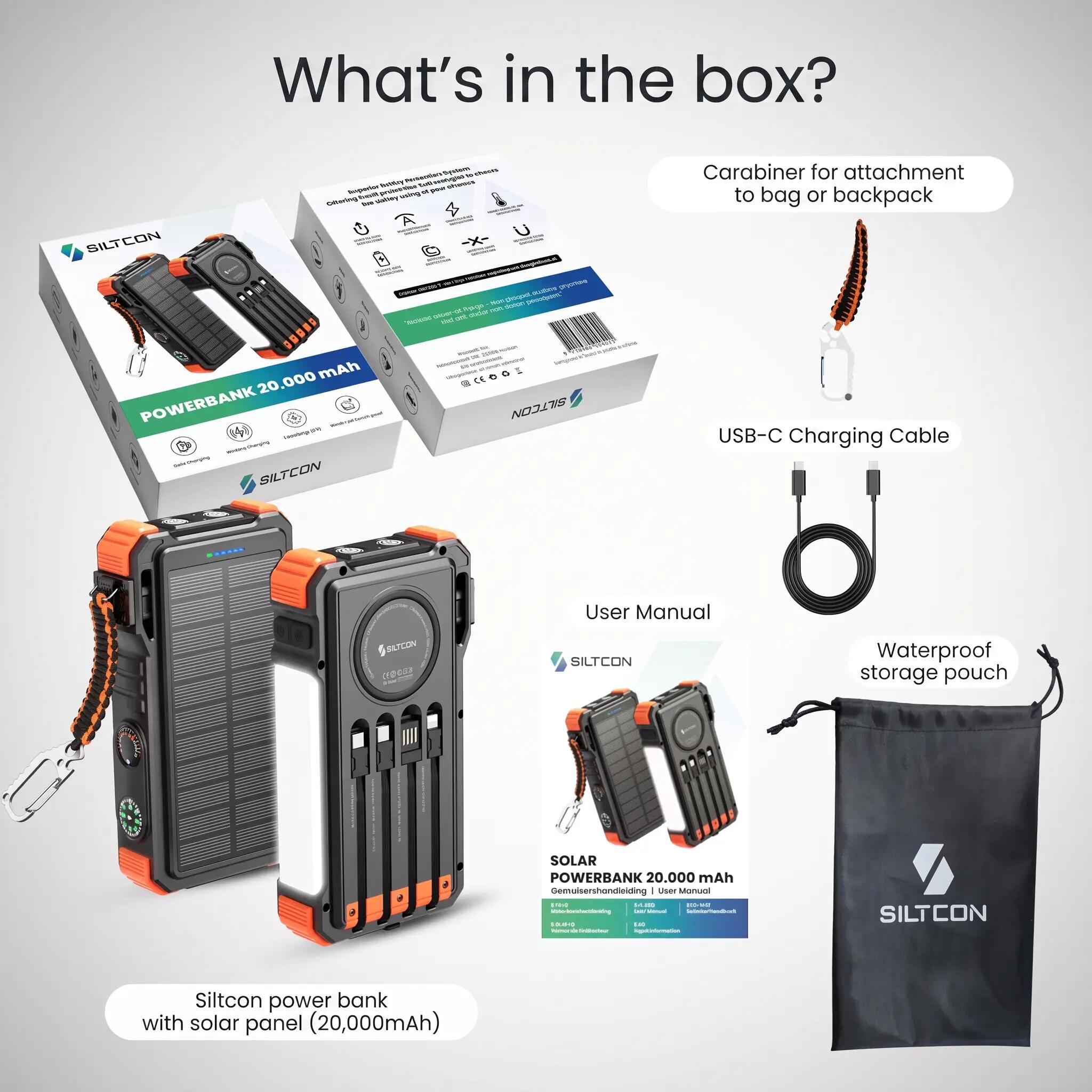 Batterie externe solaire Siltcon 20 000 mAh 15 W sans fil 22,5 W 13/15