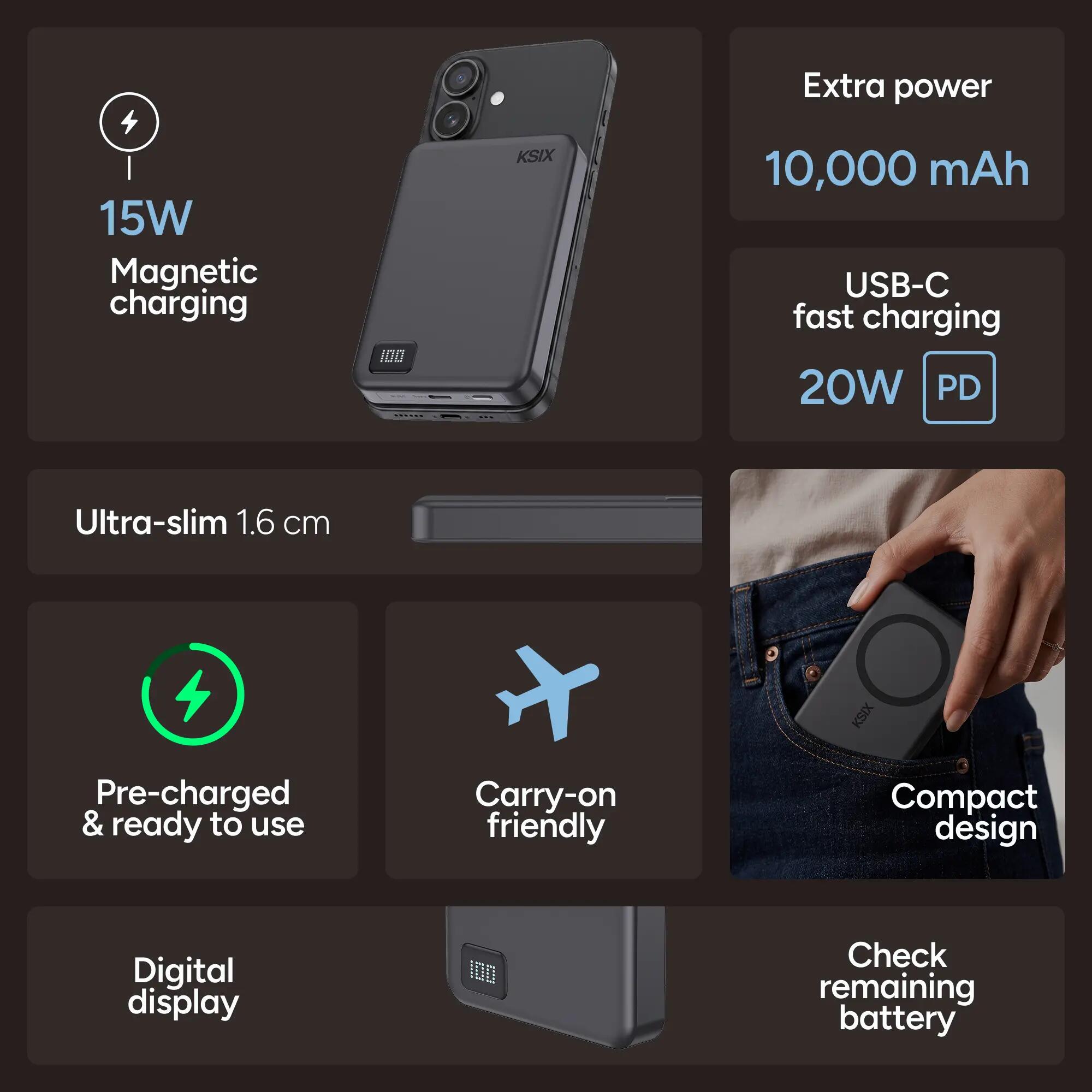 KSIX Power Bank Magnético de 10000 mAh com Carregamento Sem Fio de 15W 2/7