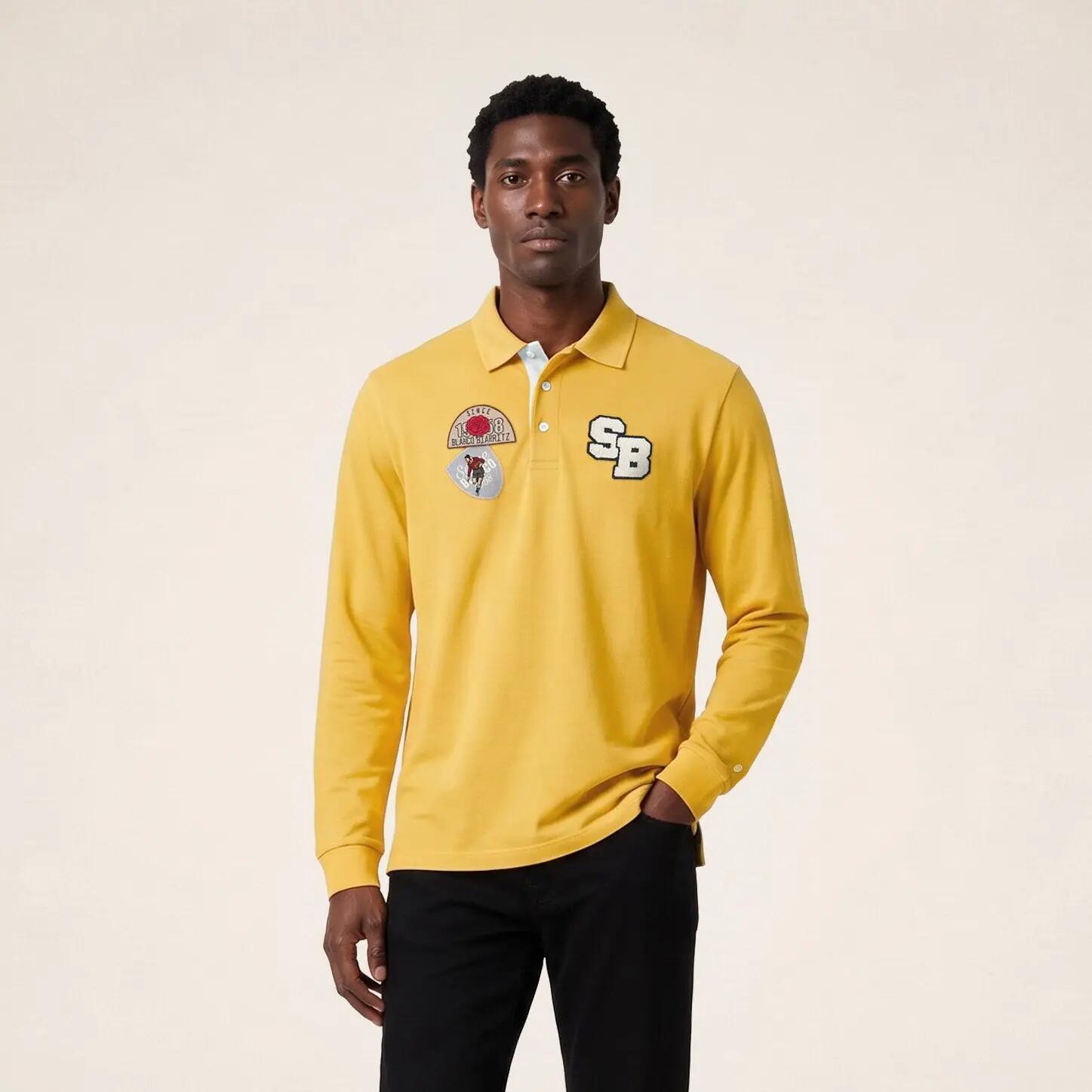 Polo de rugby manches longues badges brodés jaune moutarde 2/6