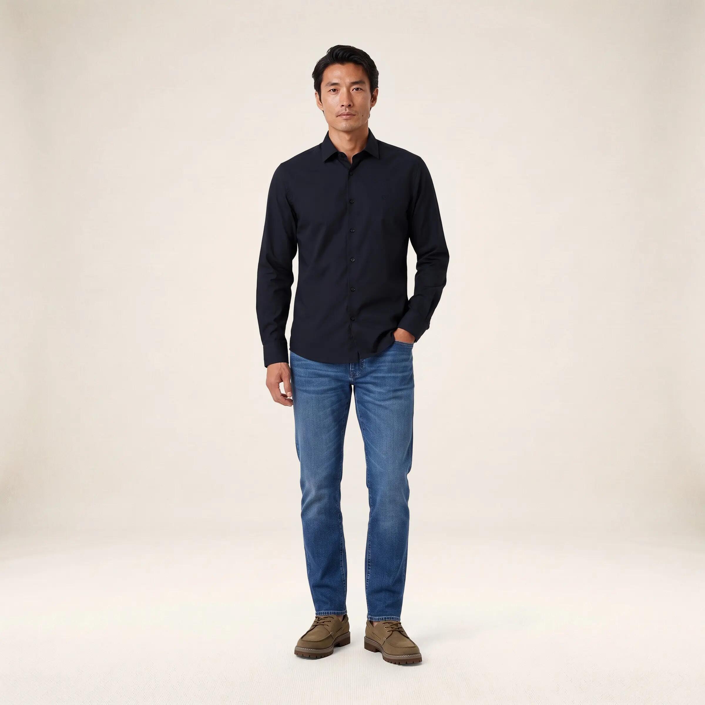 Chemise manches longues en coton stretch unie bleu marine 6/6