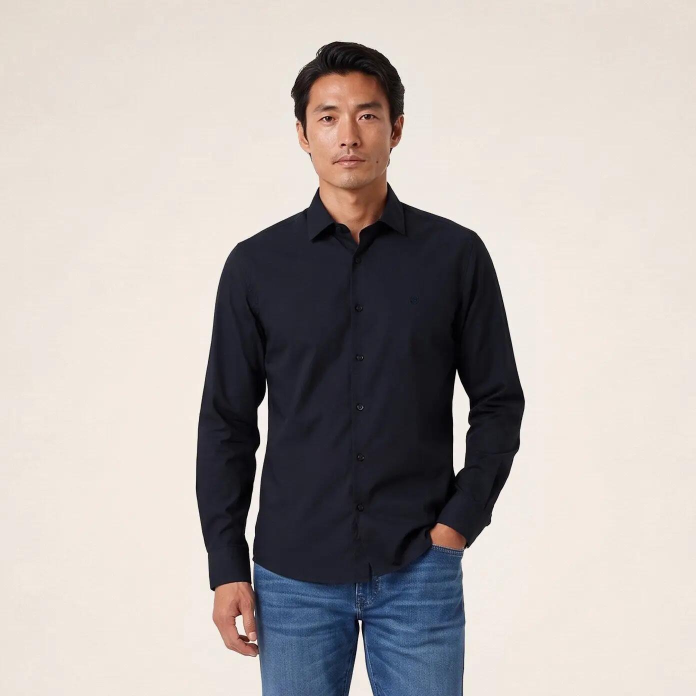 Chemise manches longues en coton stretch unie bleu marine 2/6