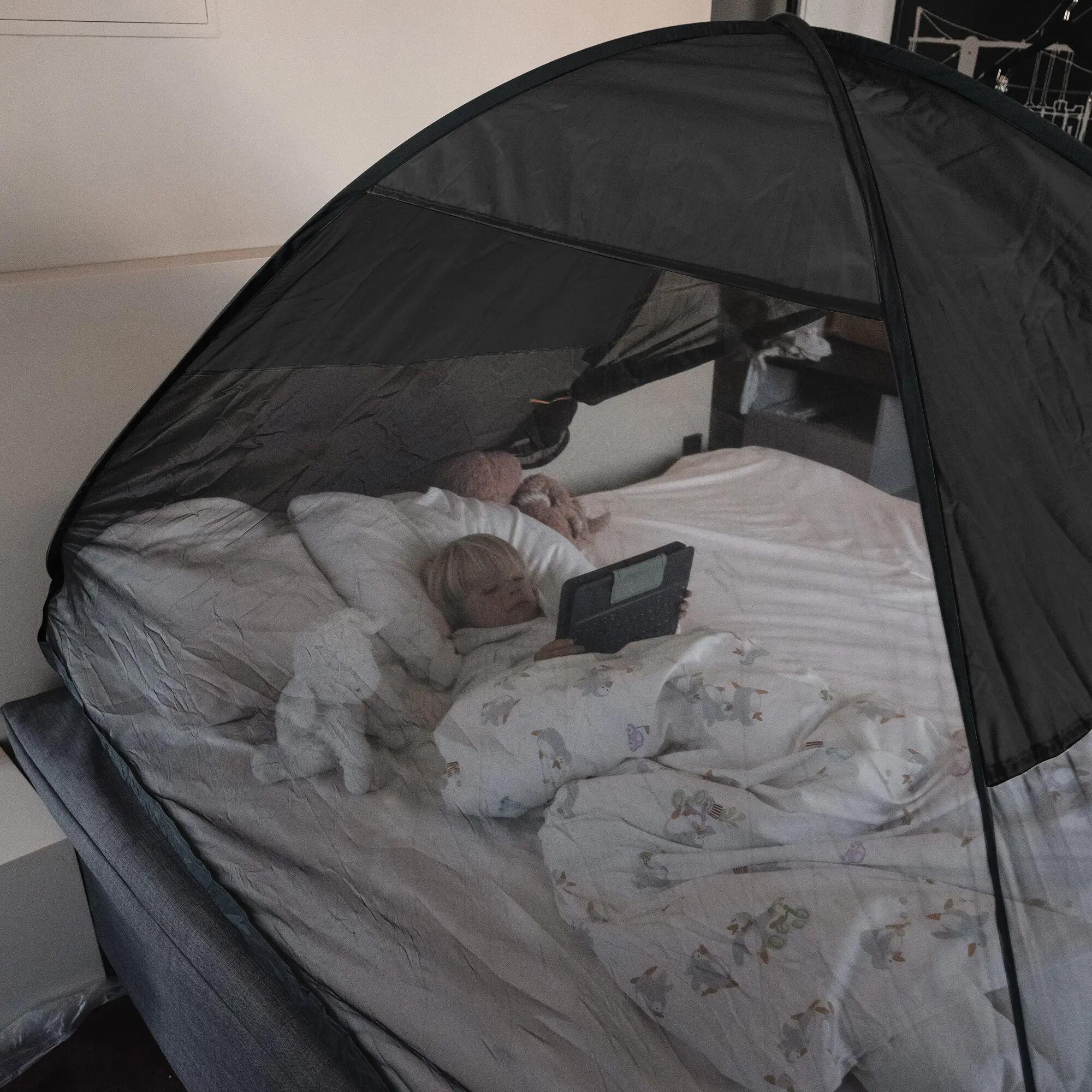 Luxus Bettzelt Moskitonetz - Pop-Up - 1 mm Netz - 200x90 cm - Grau 4/7