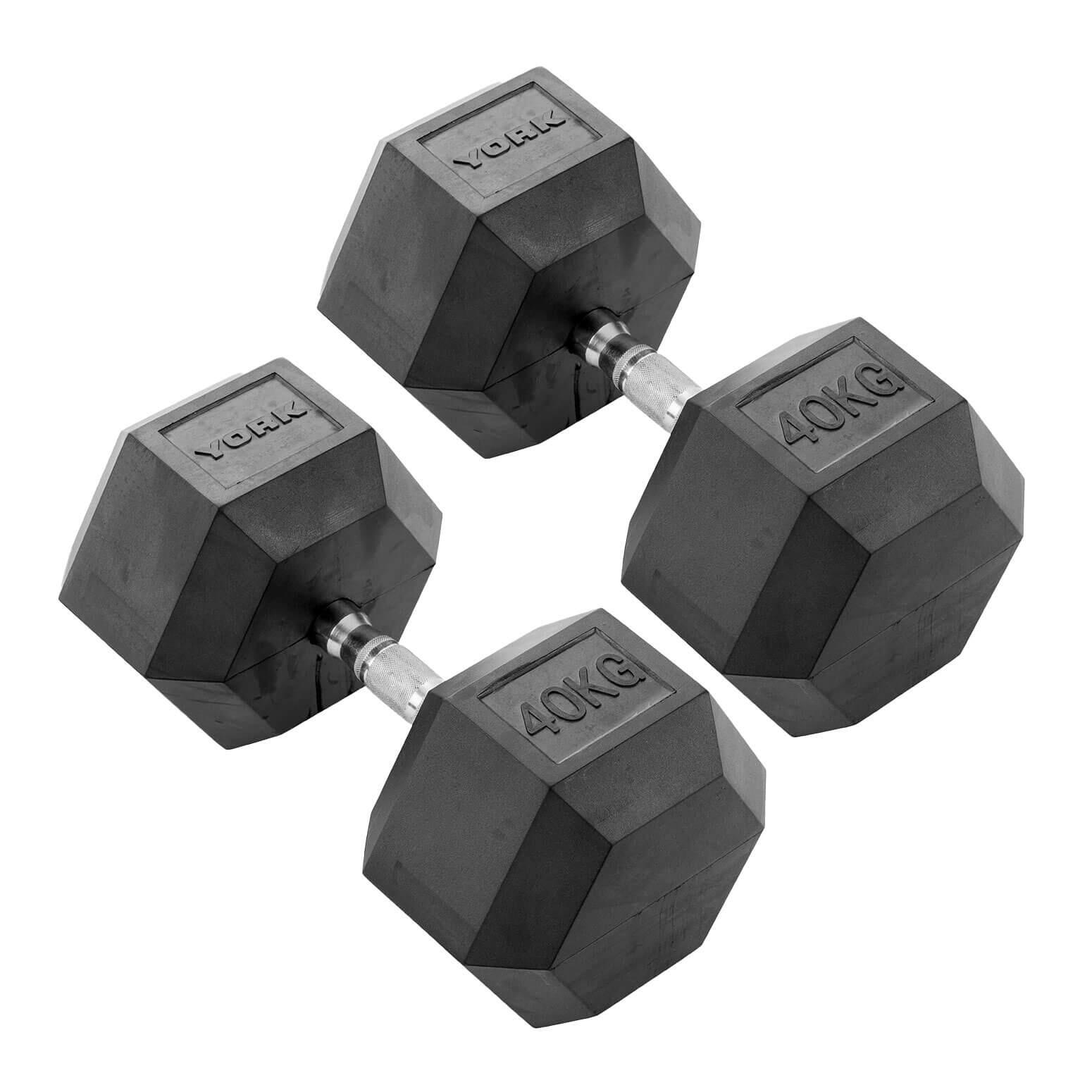 YORK BARBELL 40kg Commercial Rubber Hex Dumbbell Weights