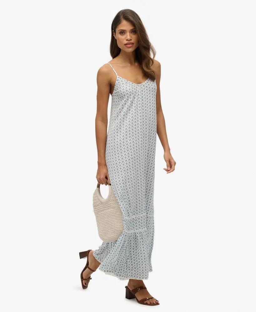 superdry Robe longue Cami en dentelle et viscose – Ditsy Tile Blue 4/5