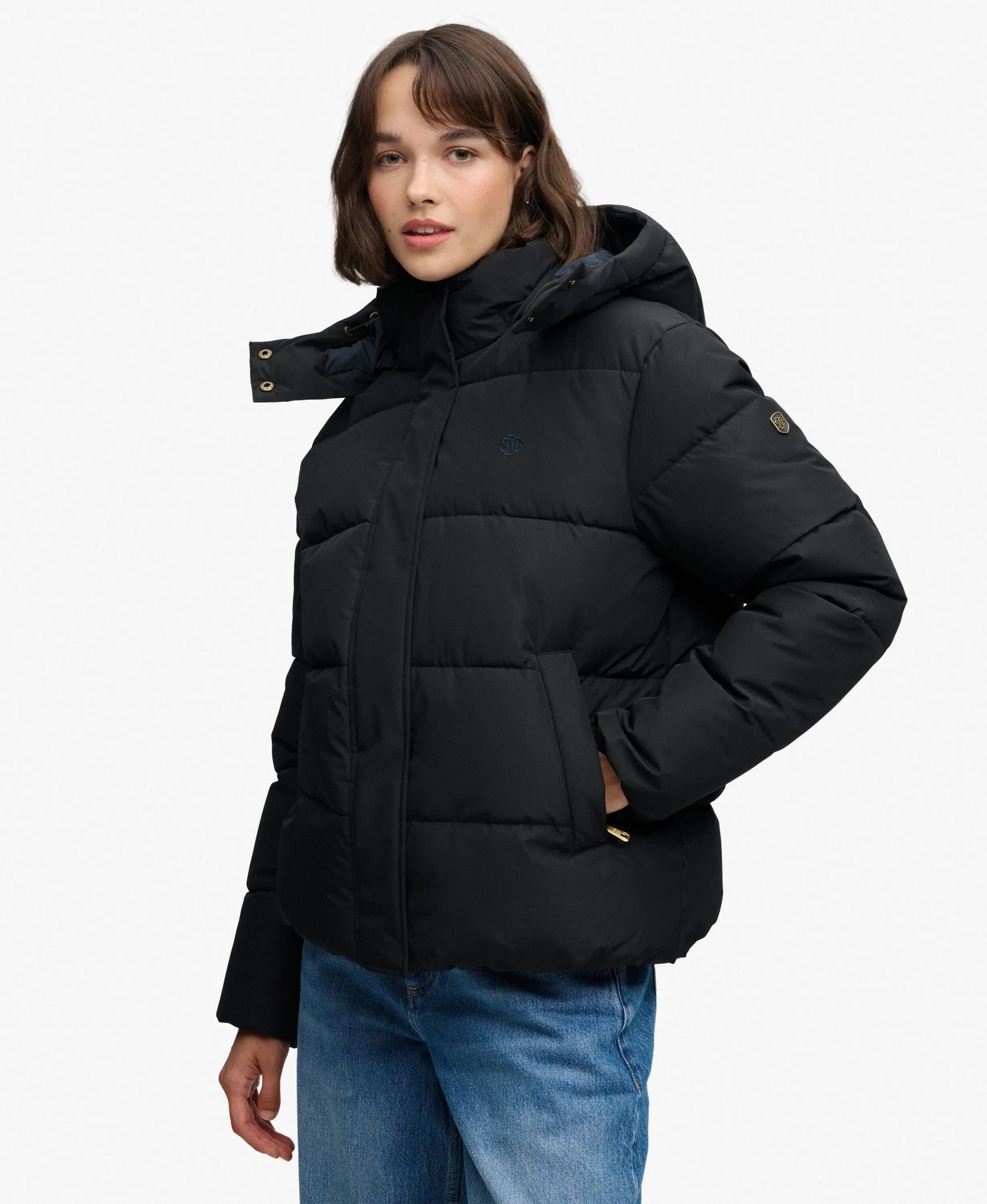 superdry Casaco acolchoado Premium com capuz para mulher, forrado – Black 3/7