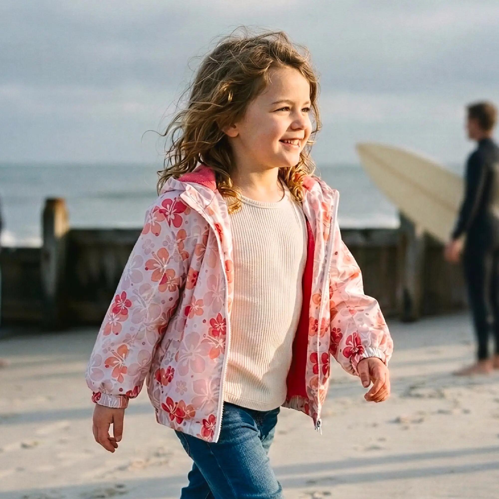 Niño/a Surf Chaqueta de Lluvia Impermeable Cortavientos Forro Polar Pink Hibiscu 2/5