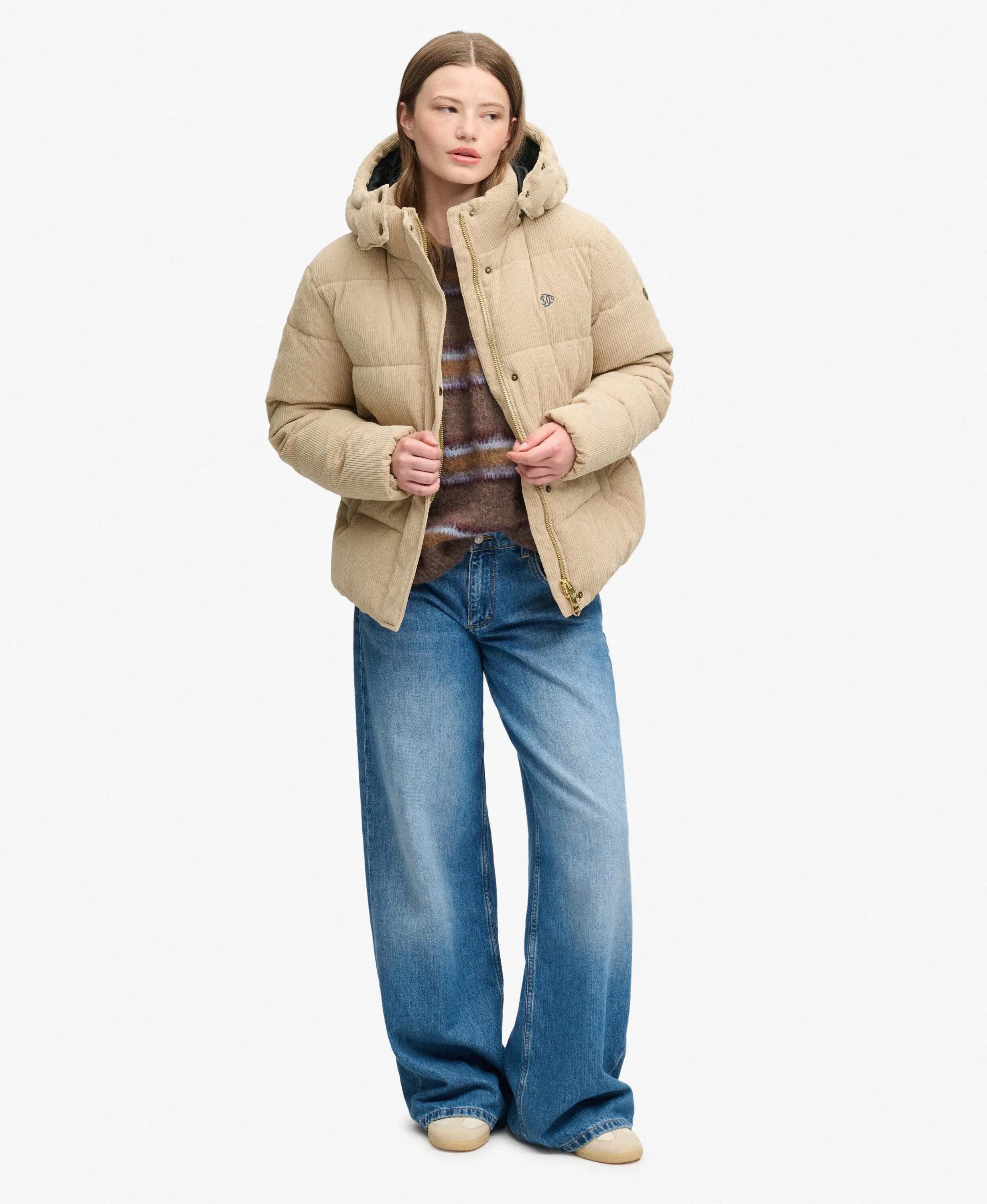 superdry Casaco puffer com capuz em veludo cotelê reciclado – Incense Brown 3/7