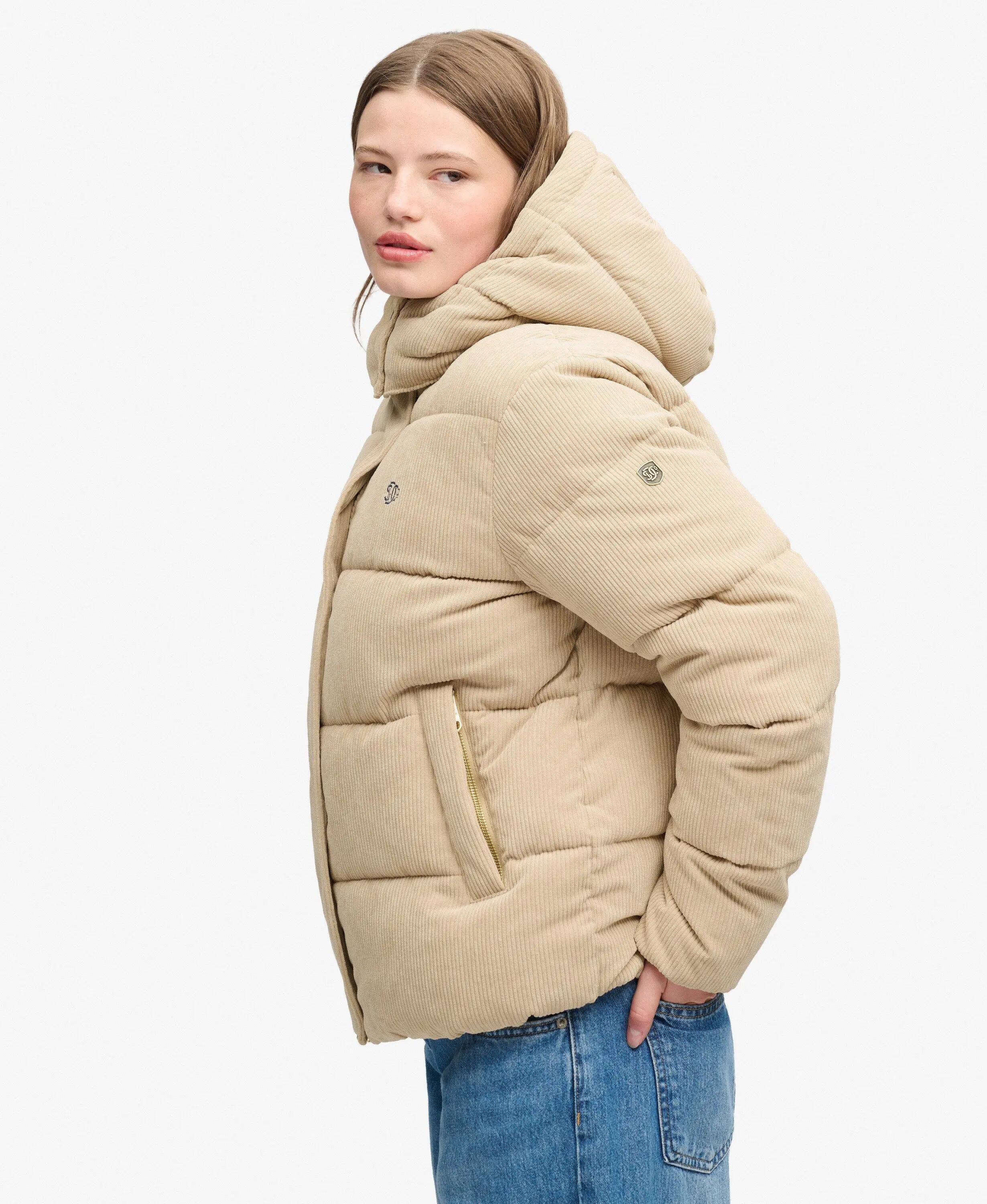 superdry Casaco puffer com capuz em veludo cotelê reciclado – Incense Brown 2/7