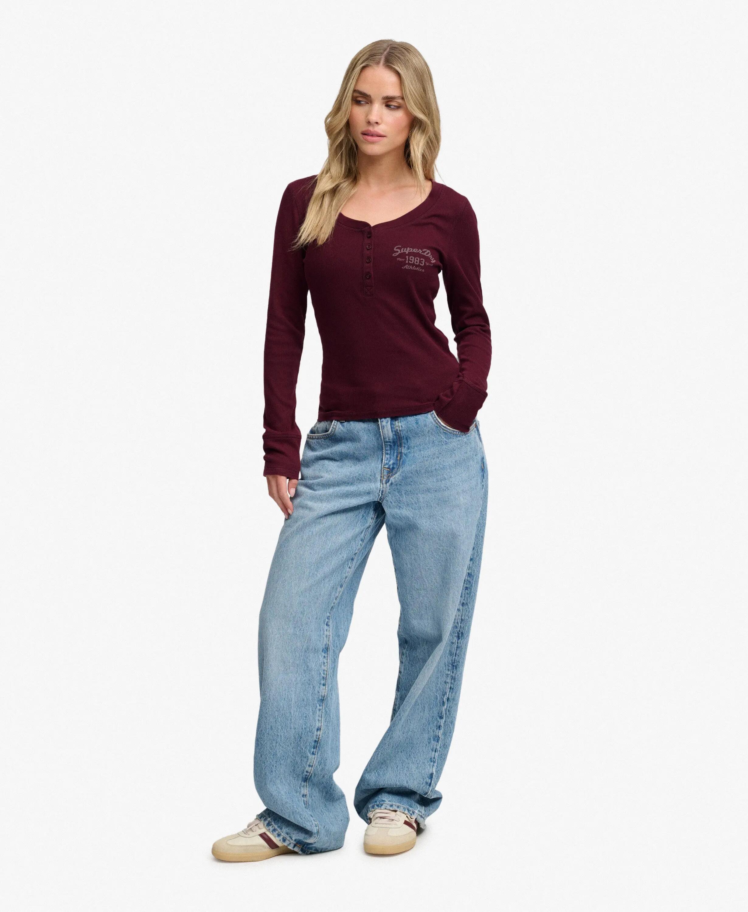 superdry Top de manga larga abotonado ajuste slim – Port Red 3/7