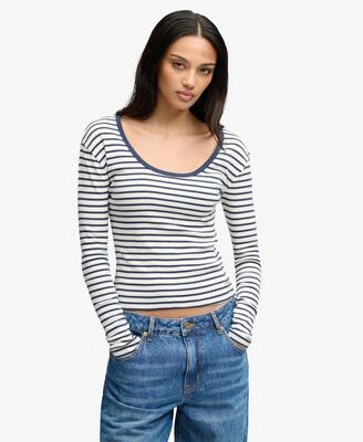 Superdry dames slim fit gestreept shirt lange mouw ribstof – standard navy