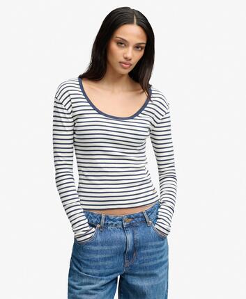 superdry T-shirt manches longues côtelée slim à rayures – Standard Navy Stripe