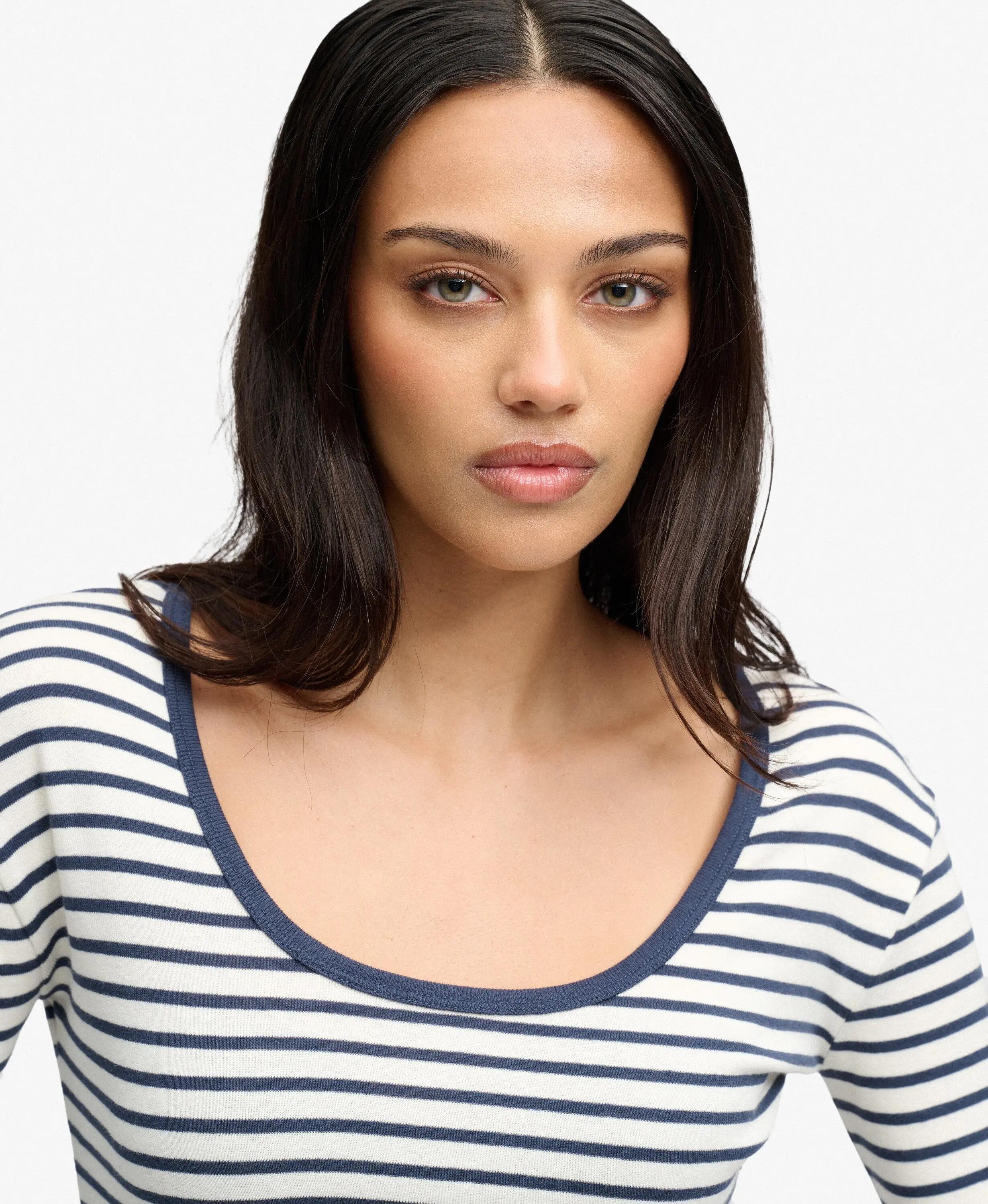 superdry T-shirt manches longues côtelée slim à rayures – Standard Navy Stripe 4/5