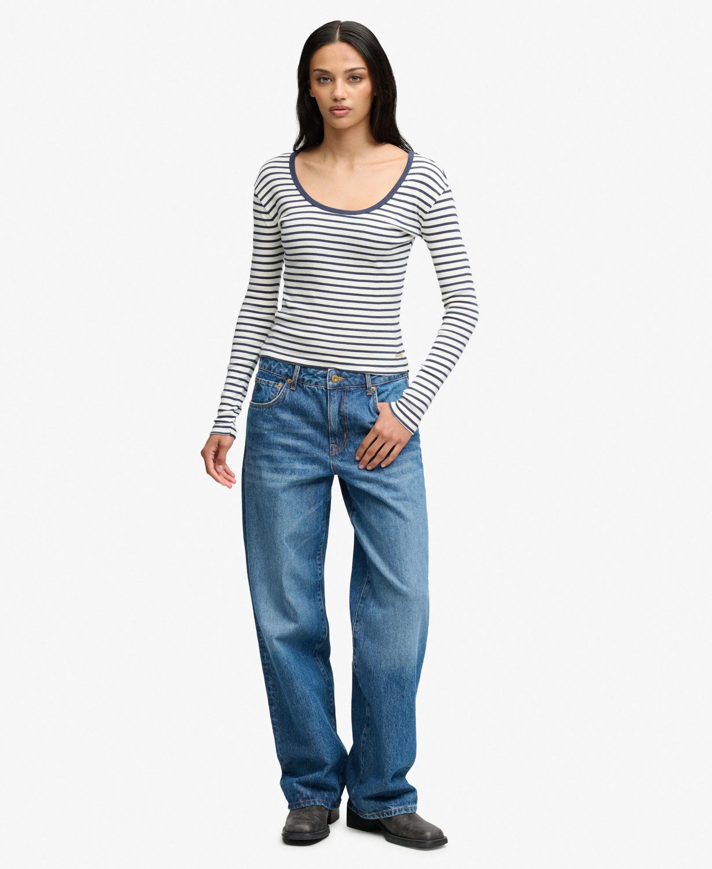 superdry T-shirt manches longues côtelée slim à rayures – Standard Navy Stripe 3/5