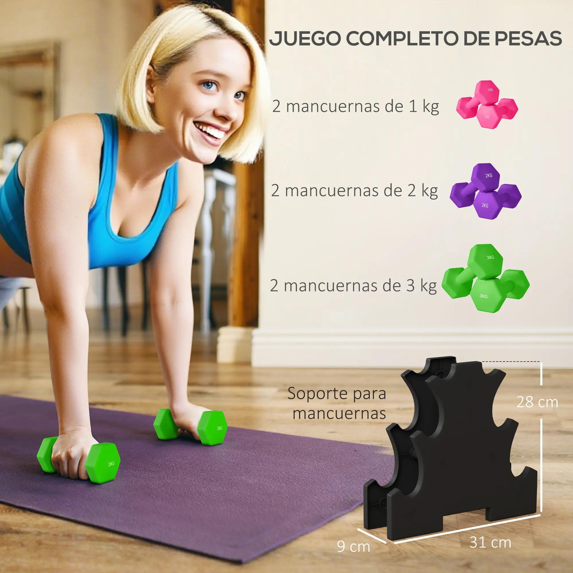 Ensemble d'haltères hexagonales (2 x 1 kg, 2 x 2 kg, 2 x 3 kg) avec support de r 6/9