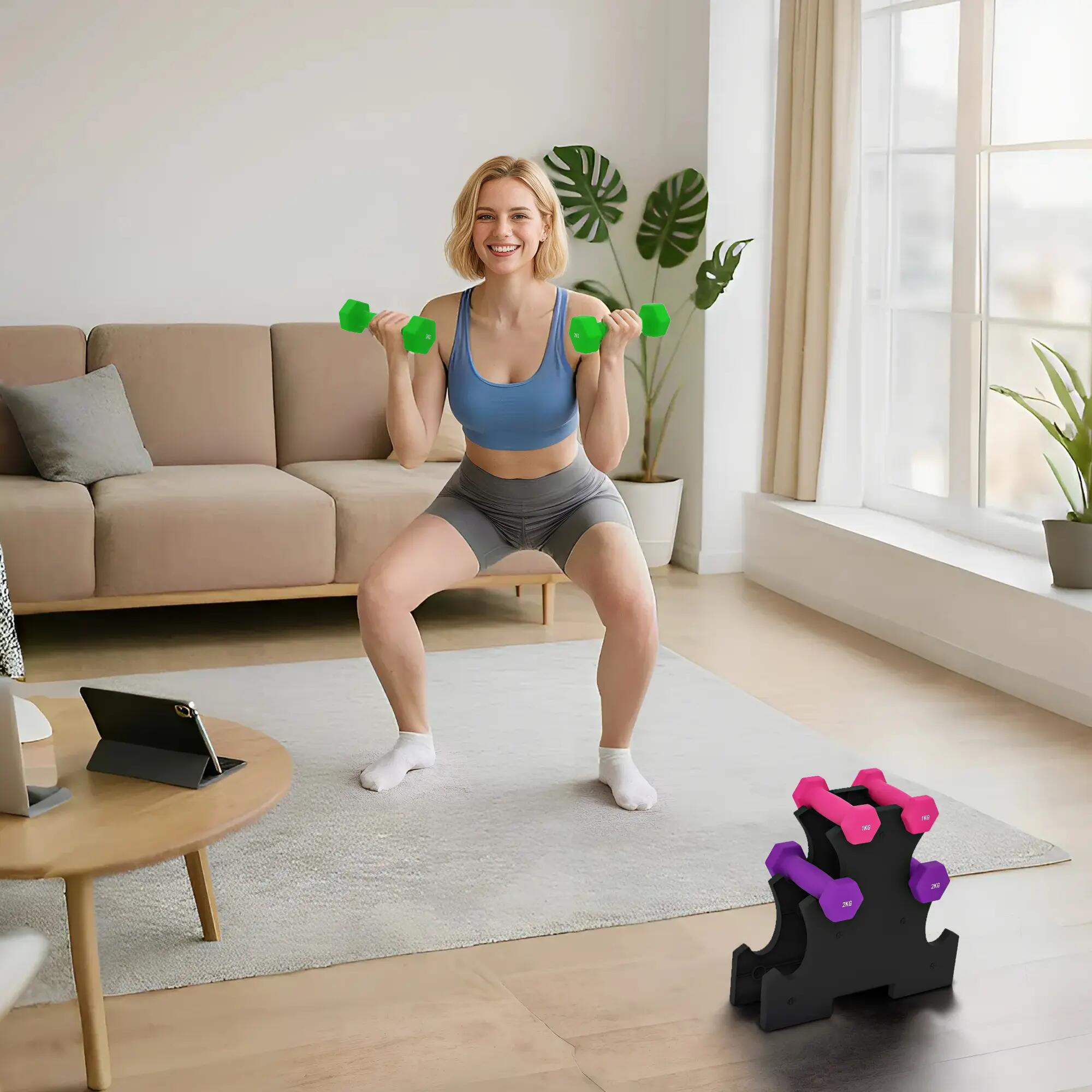 Ensemble d'haltères hexagonales (2 x 1 kg, 2 x 2 kg, 2 x 3 kg) avec support de r 3/9