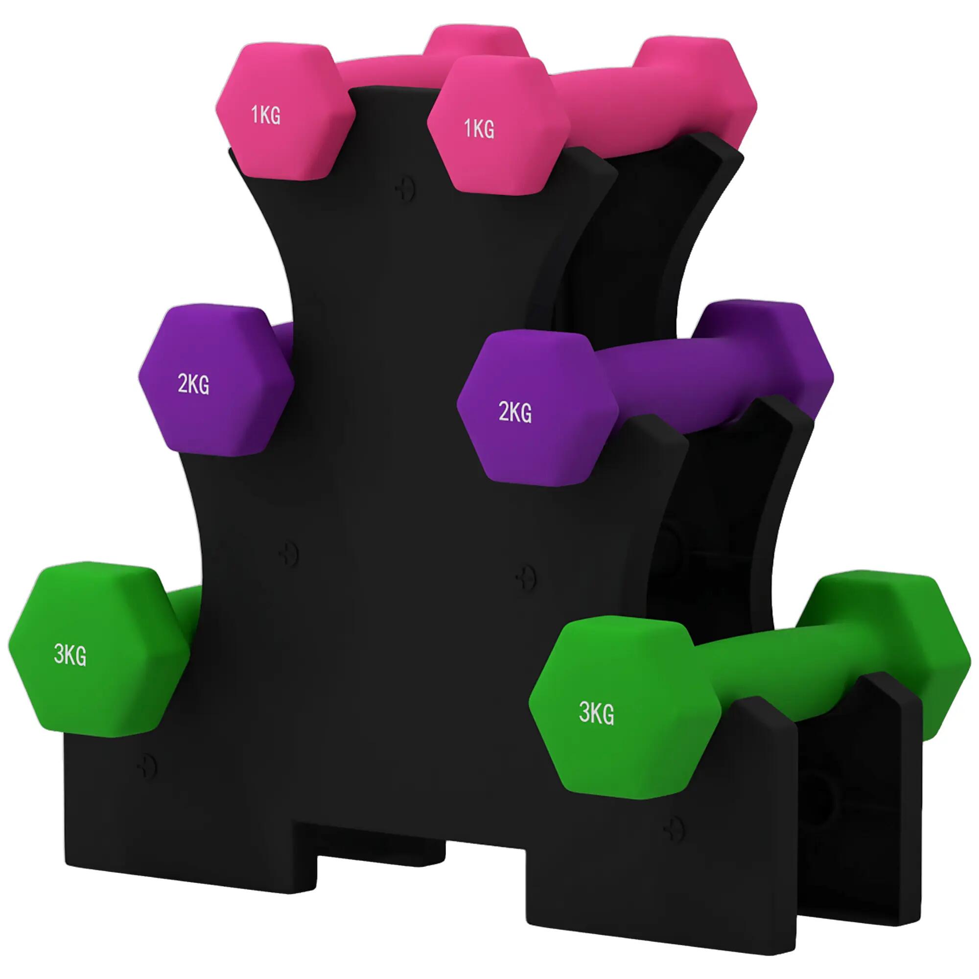 Ensemble d'haltères hexagonales (2 x 1 kg, 2 x 2 kg, 2 x 3 kg) avec support de r 2/9