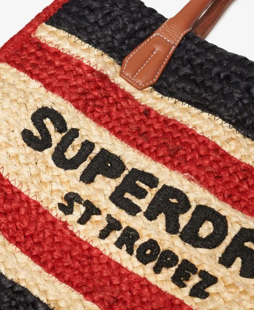 superdry Raffia Luxe Tote van jute met leren afwerking – Eclipse Navy/Red/Ecru 5/6