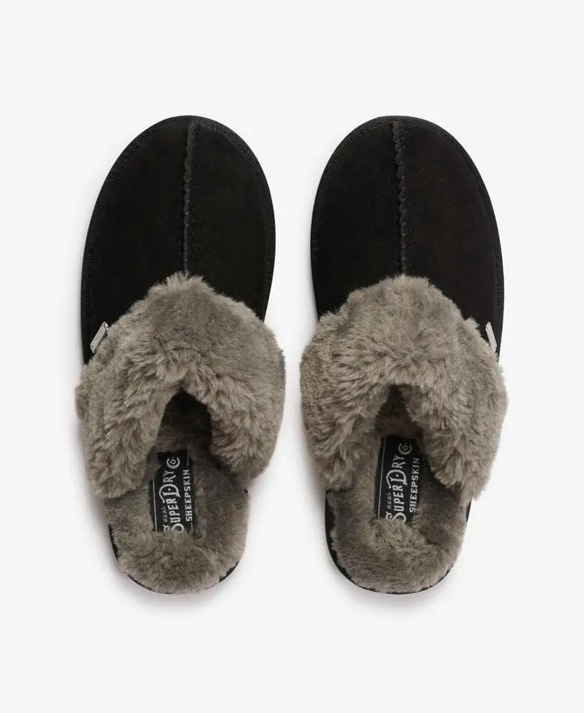 superdry Mule Slipper – echtes Lammleder, Kunstfellfutter – BLACK/GREY 5/7