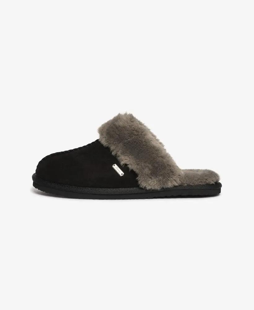 superdry Mule Slipper – echtes Lammleder, Kunstfellfutter – BLACK/GREY 4/7