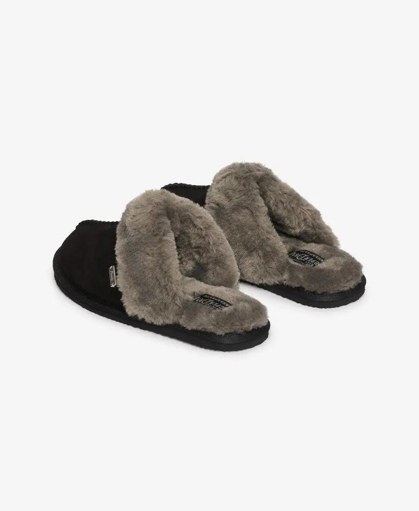 superdry Mule Slipper – echtes Lammleder, Kunstfellfutter – BLACK/GREY 2/7
