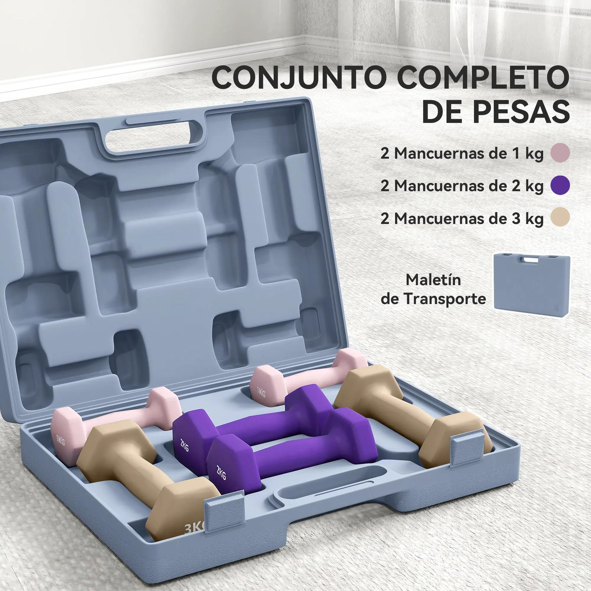 Ensemble de 6 haltères (2 x 1 kg, 2 x 2 kg, 2 x 3 kg) avec étui de transport pou 6/9