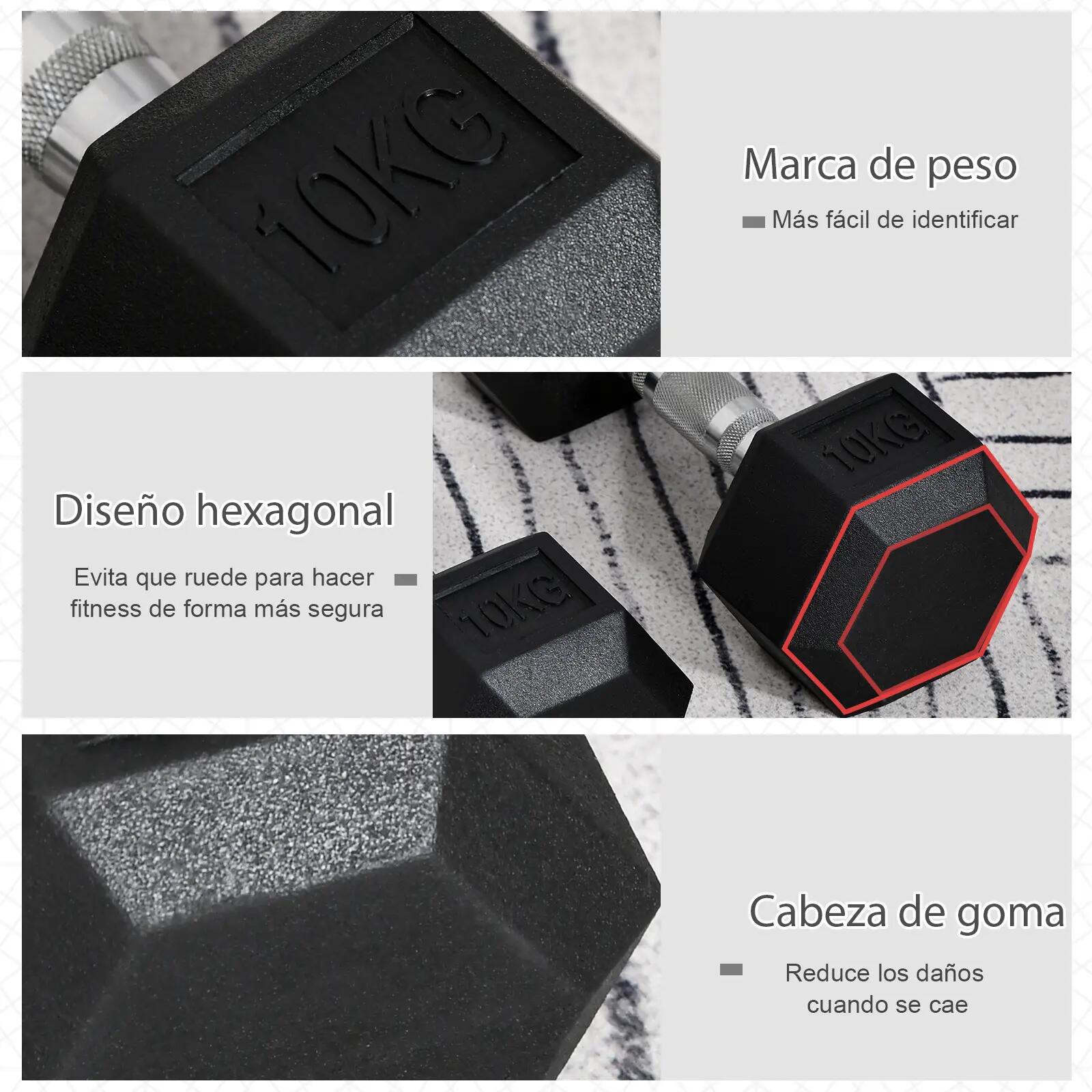 Ensemble de 2 haltères de 10 kg avec barre de connexion en métal, tête hexagonal 6/9