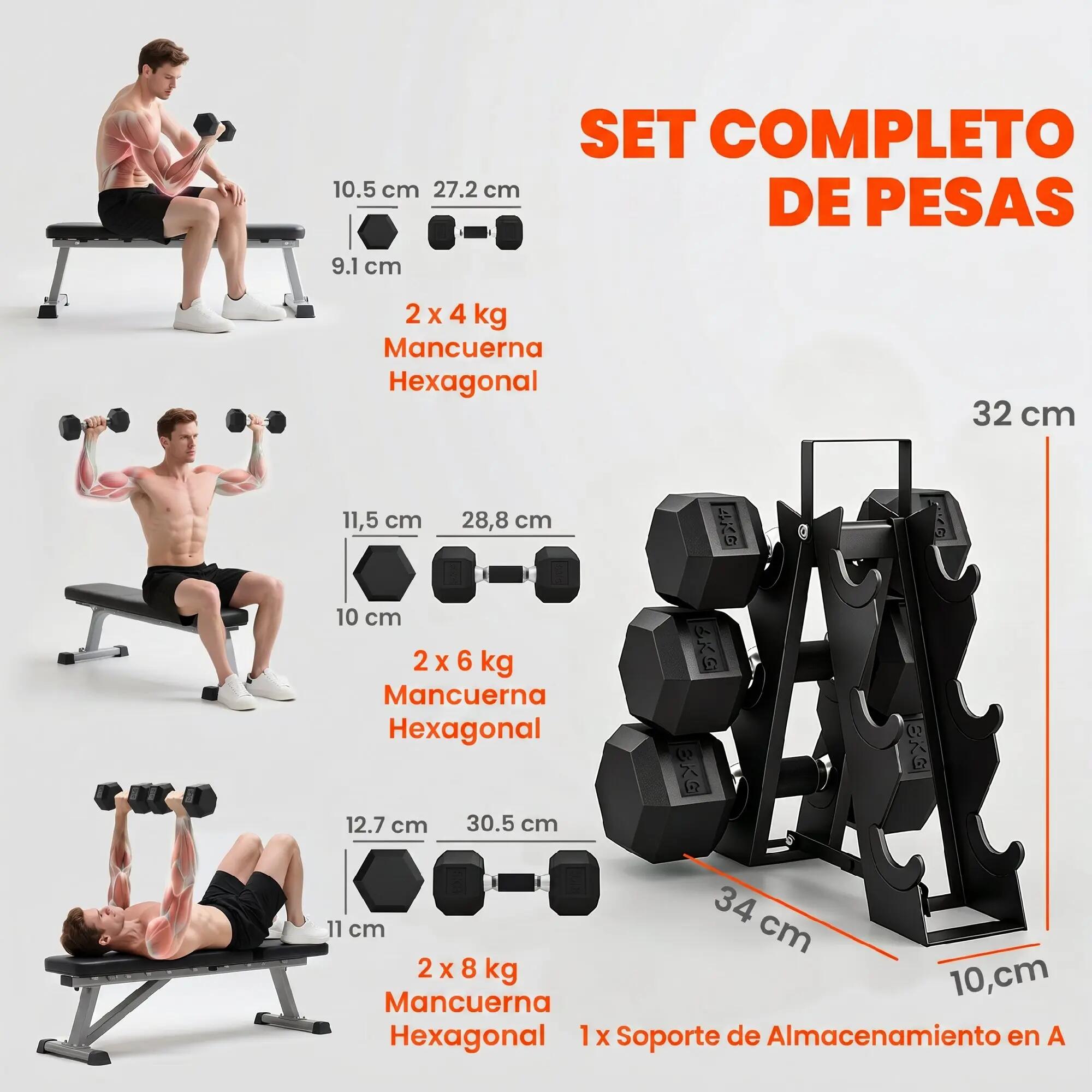 Ensemble d'haltères 2x4kg, 2x6kg et 2x8kg avec support, revêtement en caoutchouc 6/9