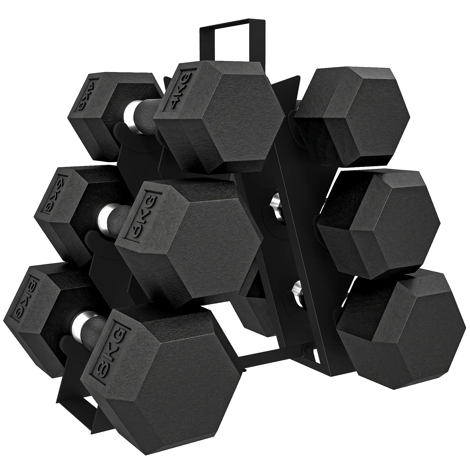 Ensemble d'haltères 2x4kg, 2x6kg et 2x8kg avec support, revêtement en caoutchouc 2/9