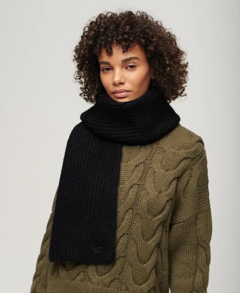 superdry Cachecol em malha canelada preto, mistura alpaca e lã – Black 3/3
