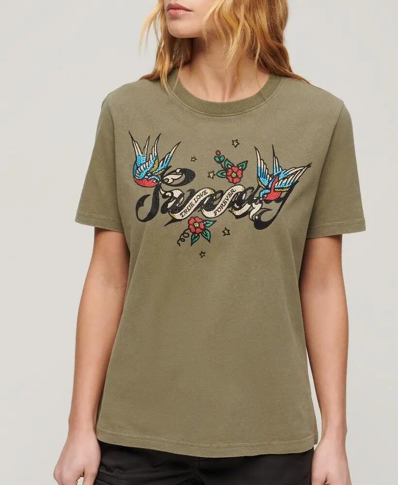 superdry T‑shirt Tattoo Script Graphic in cotone per donna – Moss Khaki 7/7