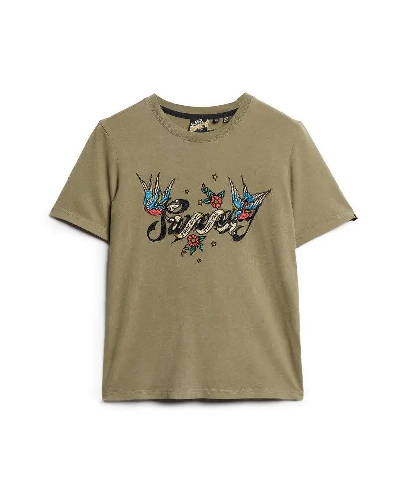 superdry T‑shirt Tattoo Script Graphic in cotone per donna – Moss Khaki 6/7