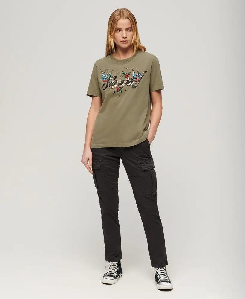 superdry T‑shirt Tattoo Script Graphic in cotone per donna – Moss Khaki 5/7