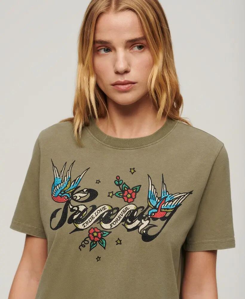superdry T‑shirt Tattoo Script Graphic in cotone per donna – Moss Khaki 2/7
