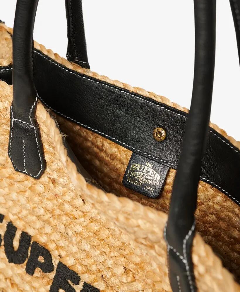 superdry Raffia Luxe Tote van jute met leren details – Natural/Black 6/6