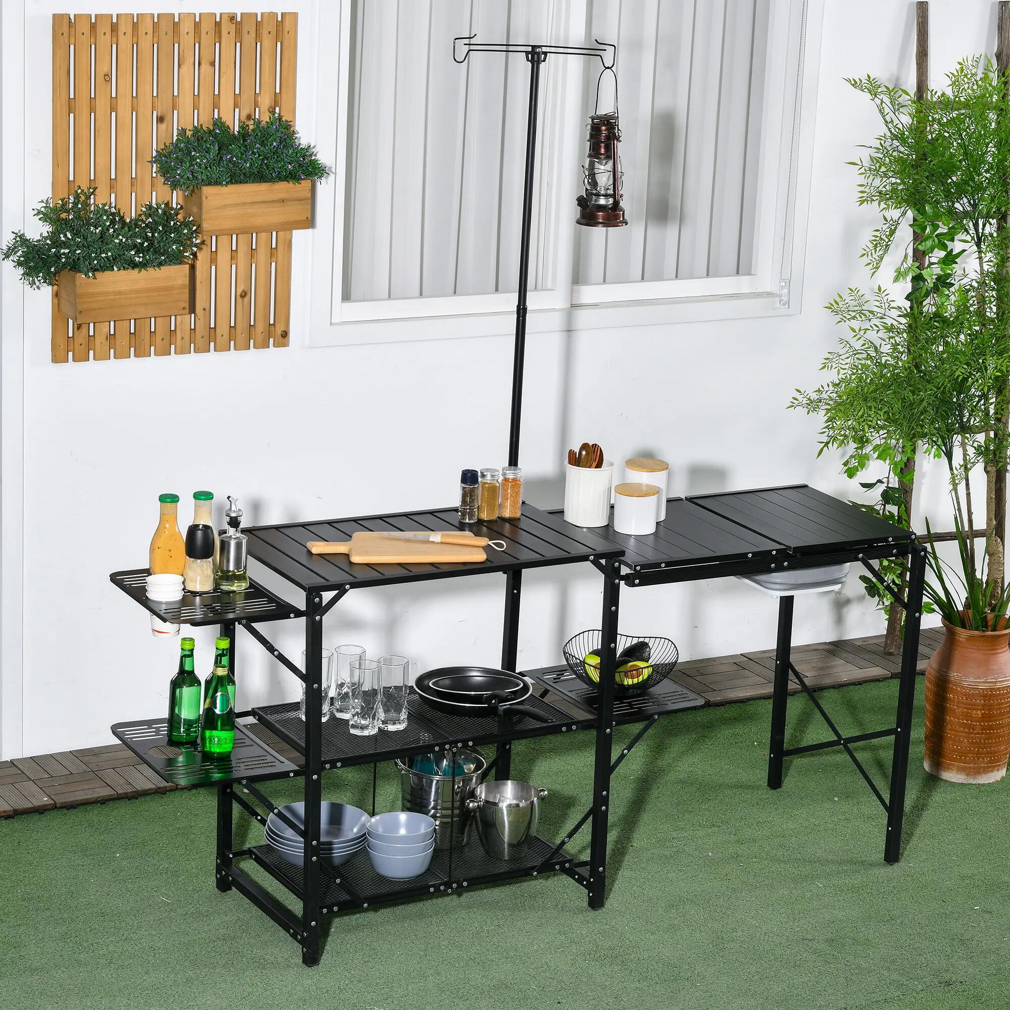 Table pliante camping - table pliante avec évier et étagères - Noir 4/6