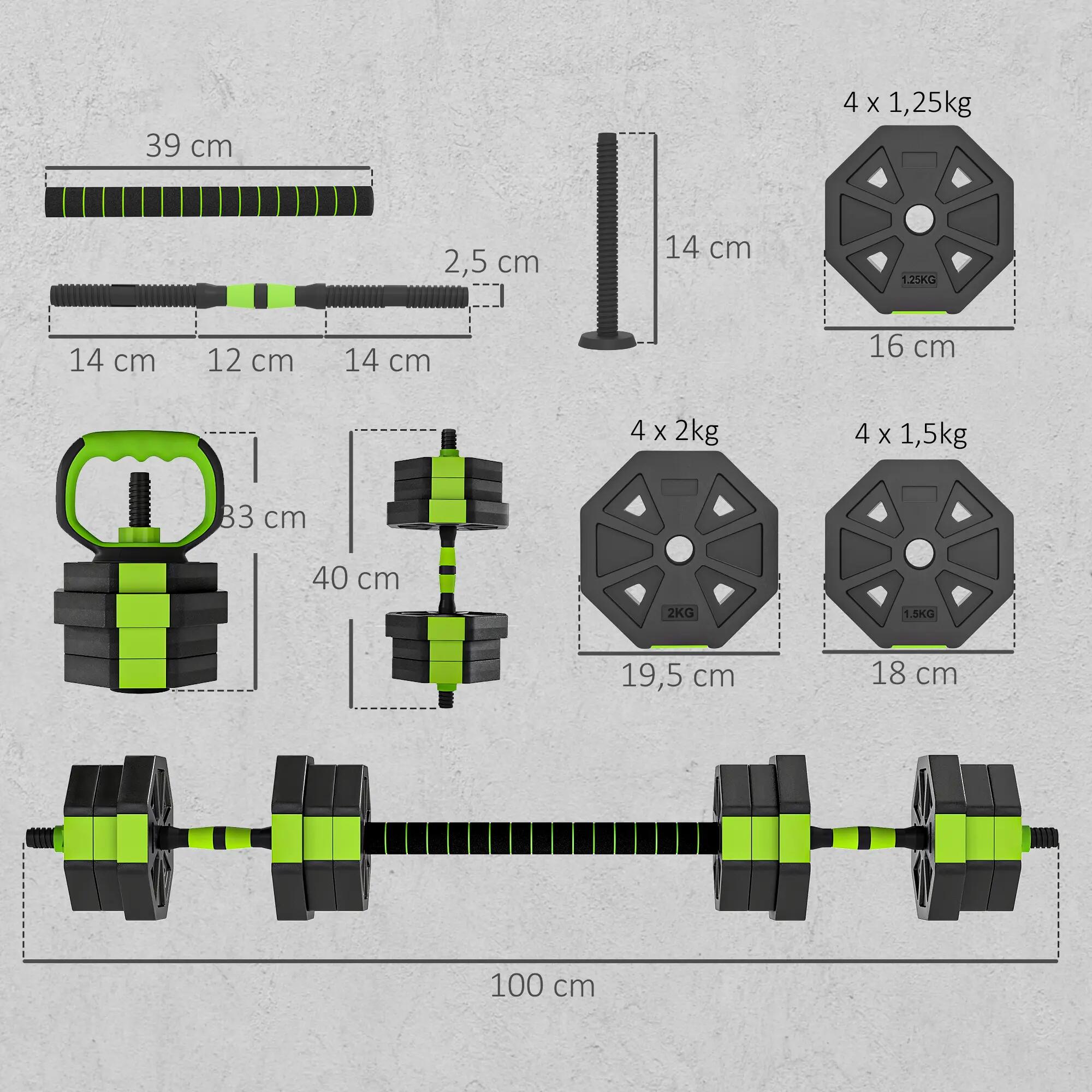 Ensemble d'haltères réglables 20 kg 6 en 1 comprenant kettlebell, barre d'haltèr 5/9