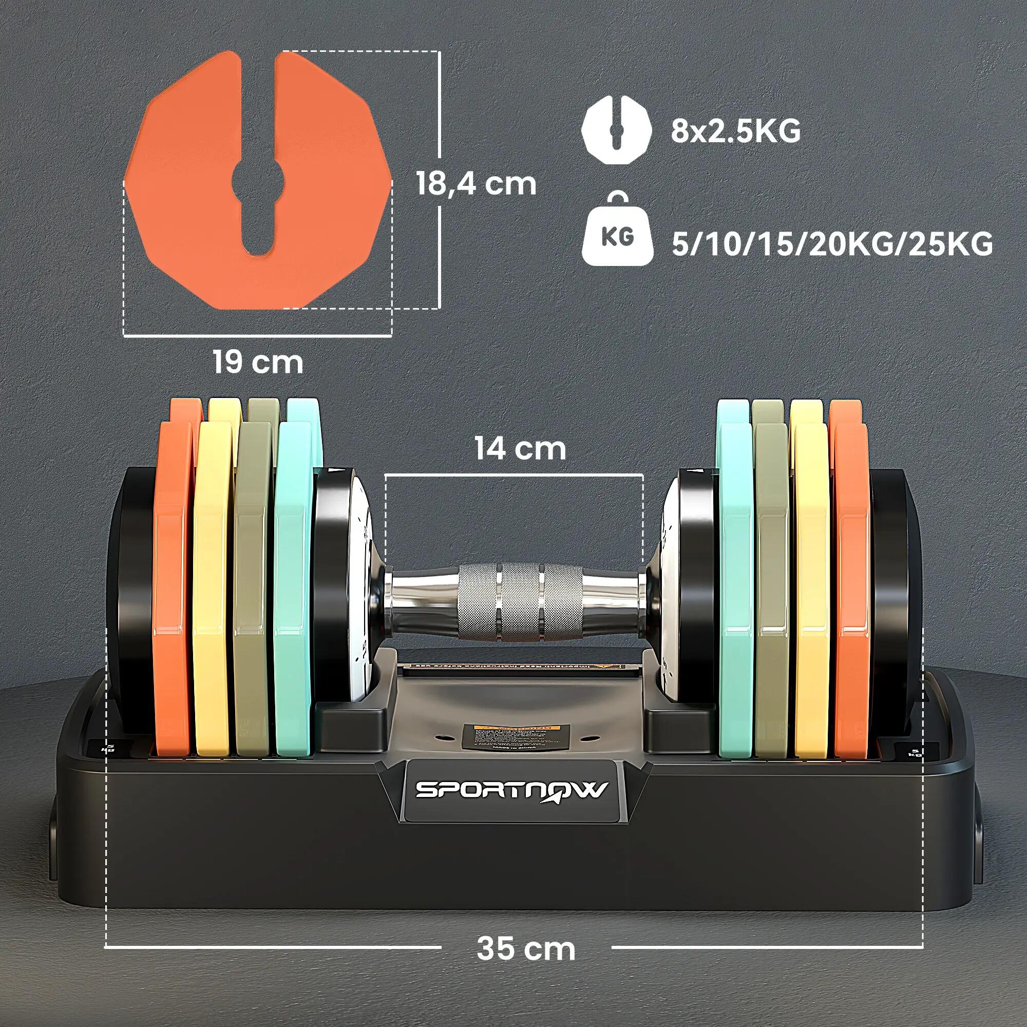 Haltère réglable 5 à 25 kg avec base de rangement 5 niveaux de poids, poignée an 5/9