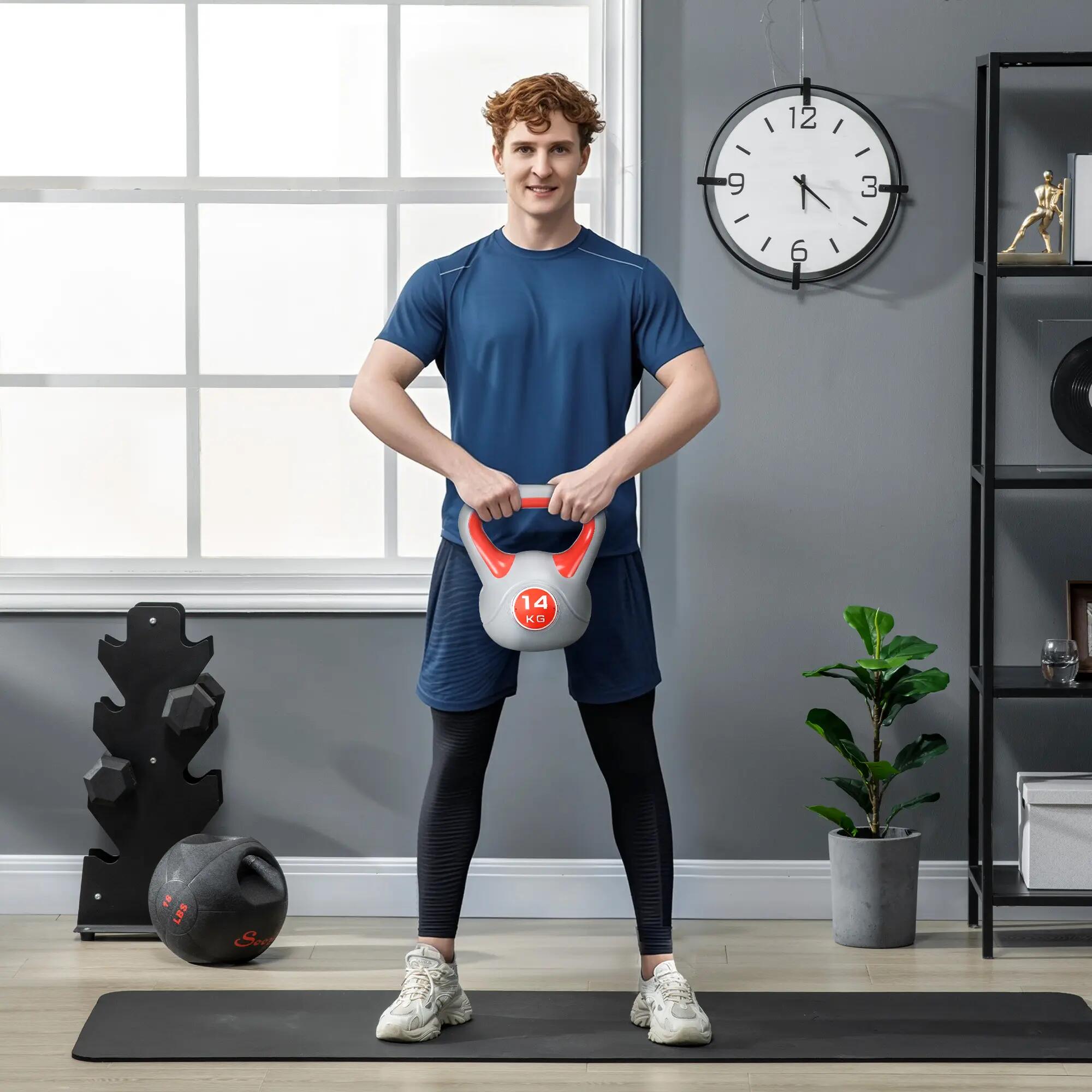 Kettlebell 14 kg, revêtement PU et remplissage de sable pour musculation, 26 x 1 3/9