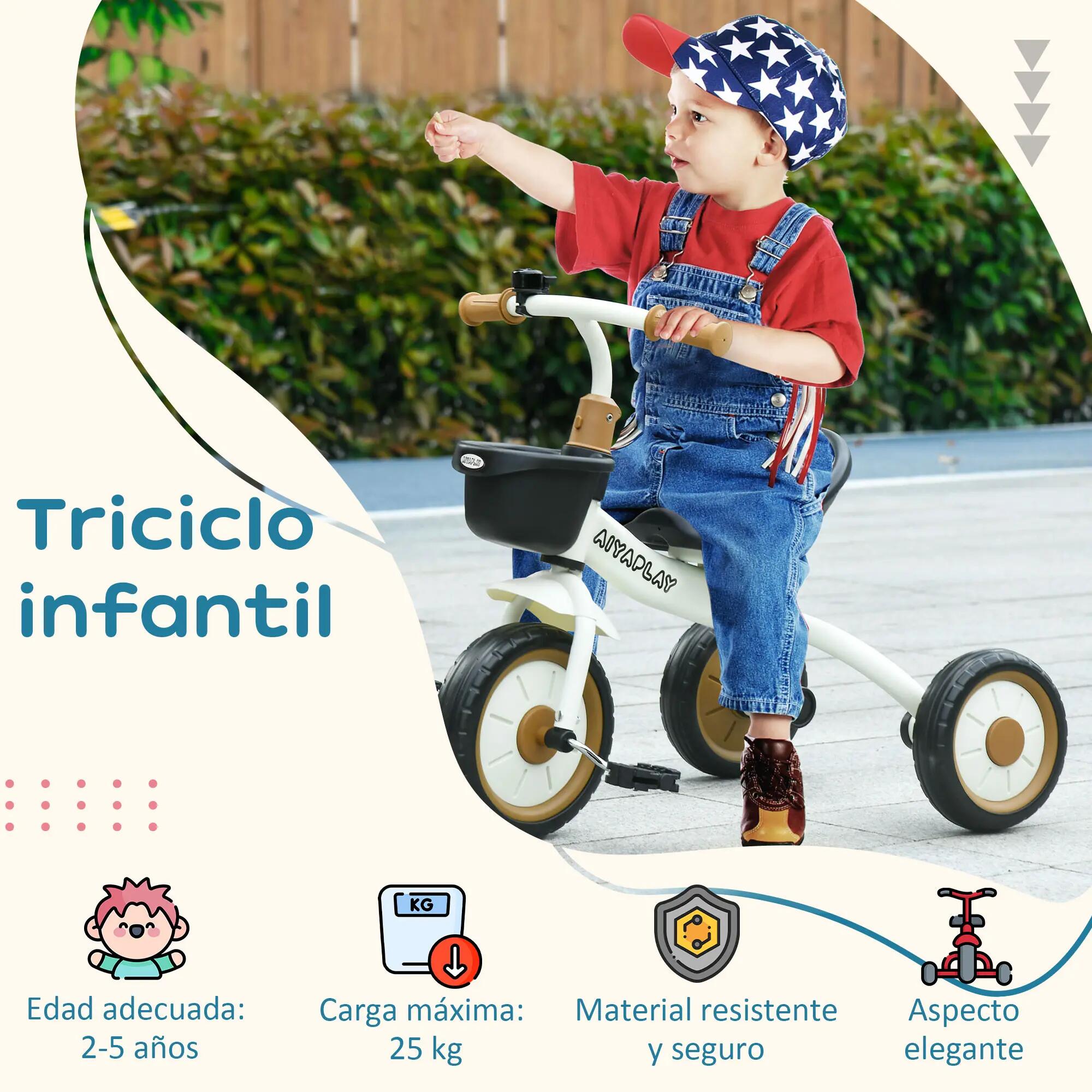 Tricycle enfant - Selle réglable, panier, sonnette - Crème 6/6