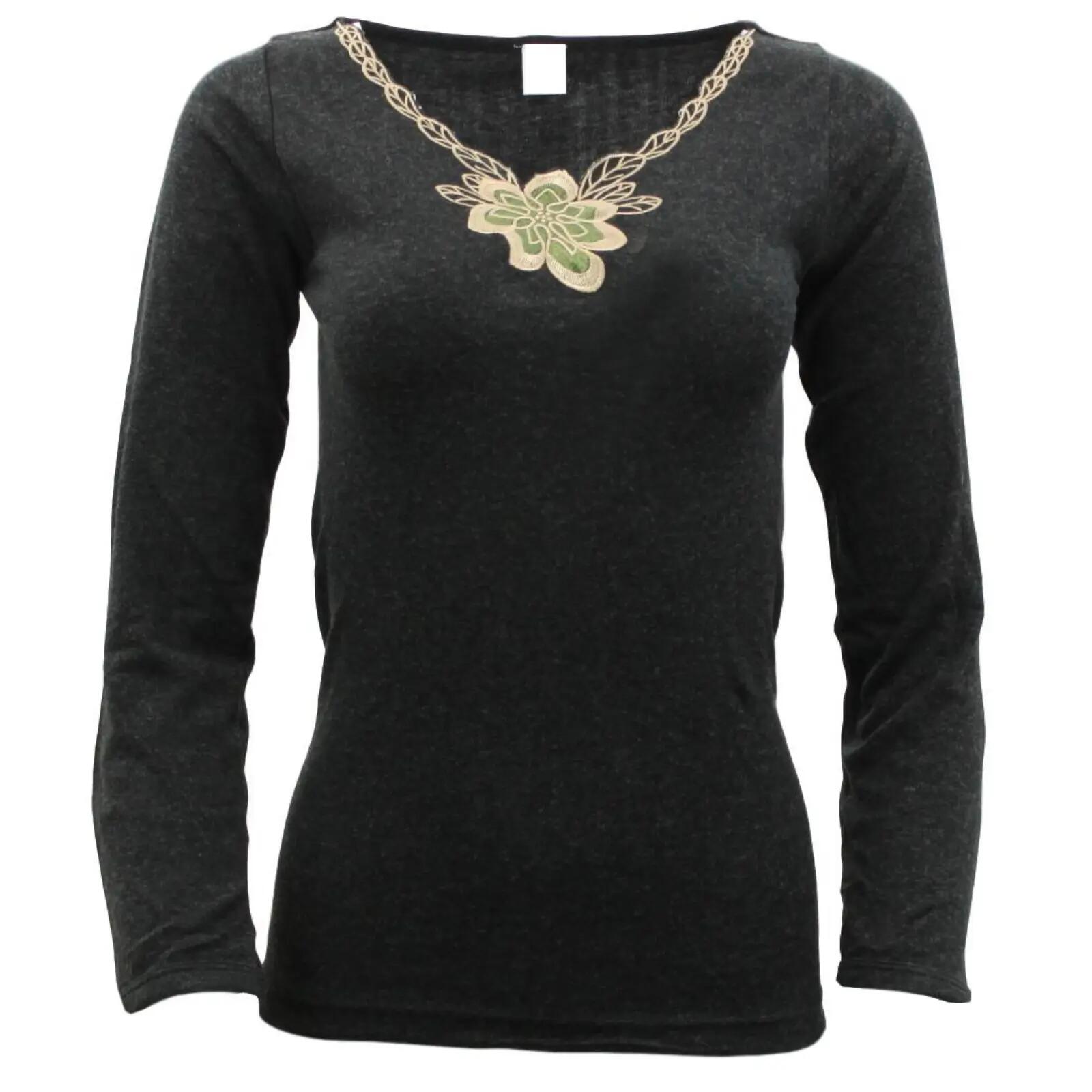 Womens Merino Wool Blend Thermal Top Long Sleeve V Neck Spencer Warm - Black - 1