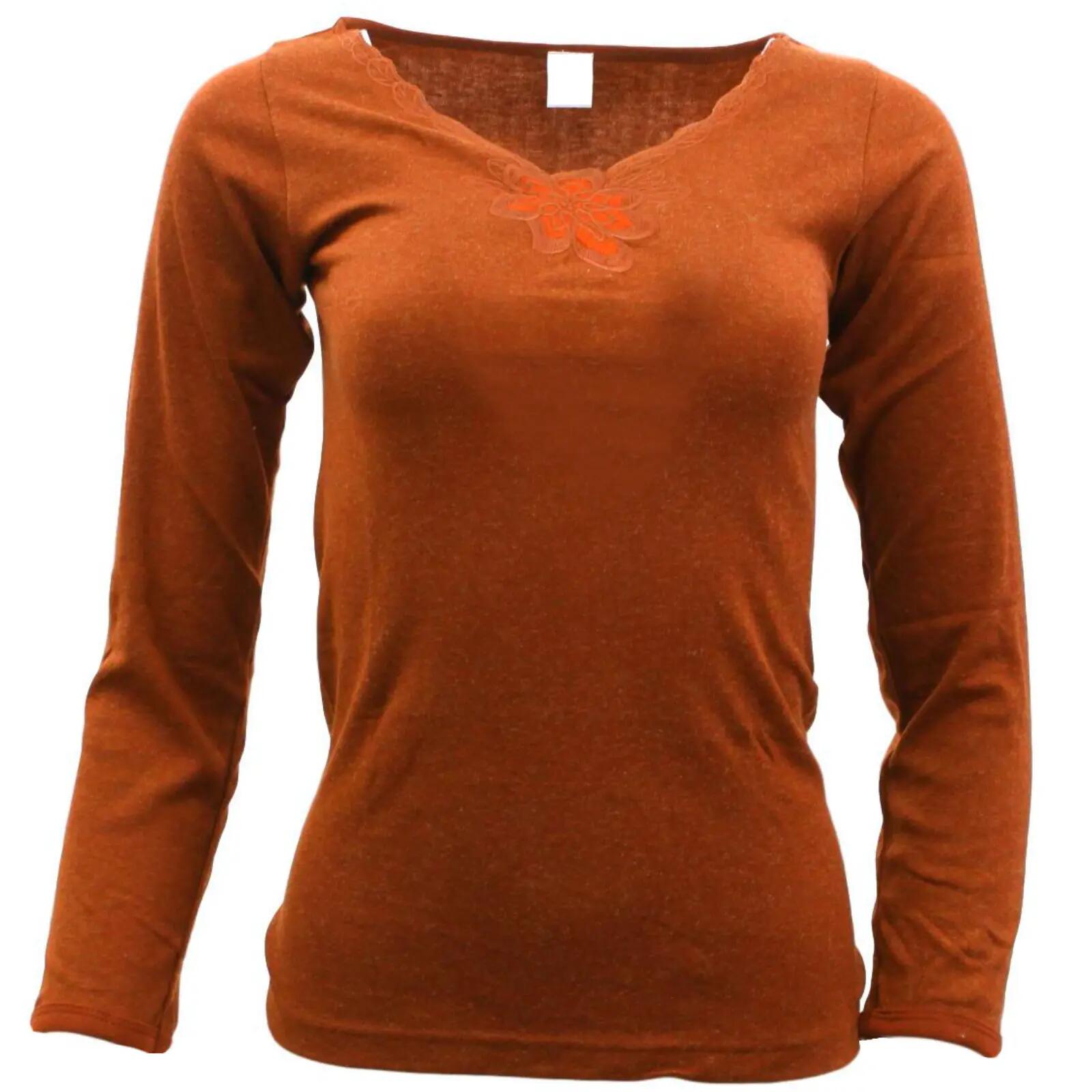 Womens Merino Wool Blend Thermal Top Long Sleeve V Neck Spencer Warm - Burgundy