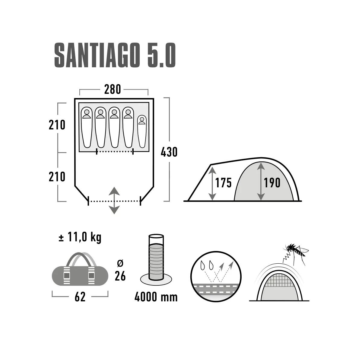Tenda a cupola Santiago 5 persone familiare da Campeggio grande vestibolo 5/8
