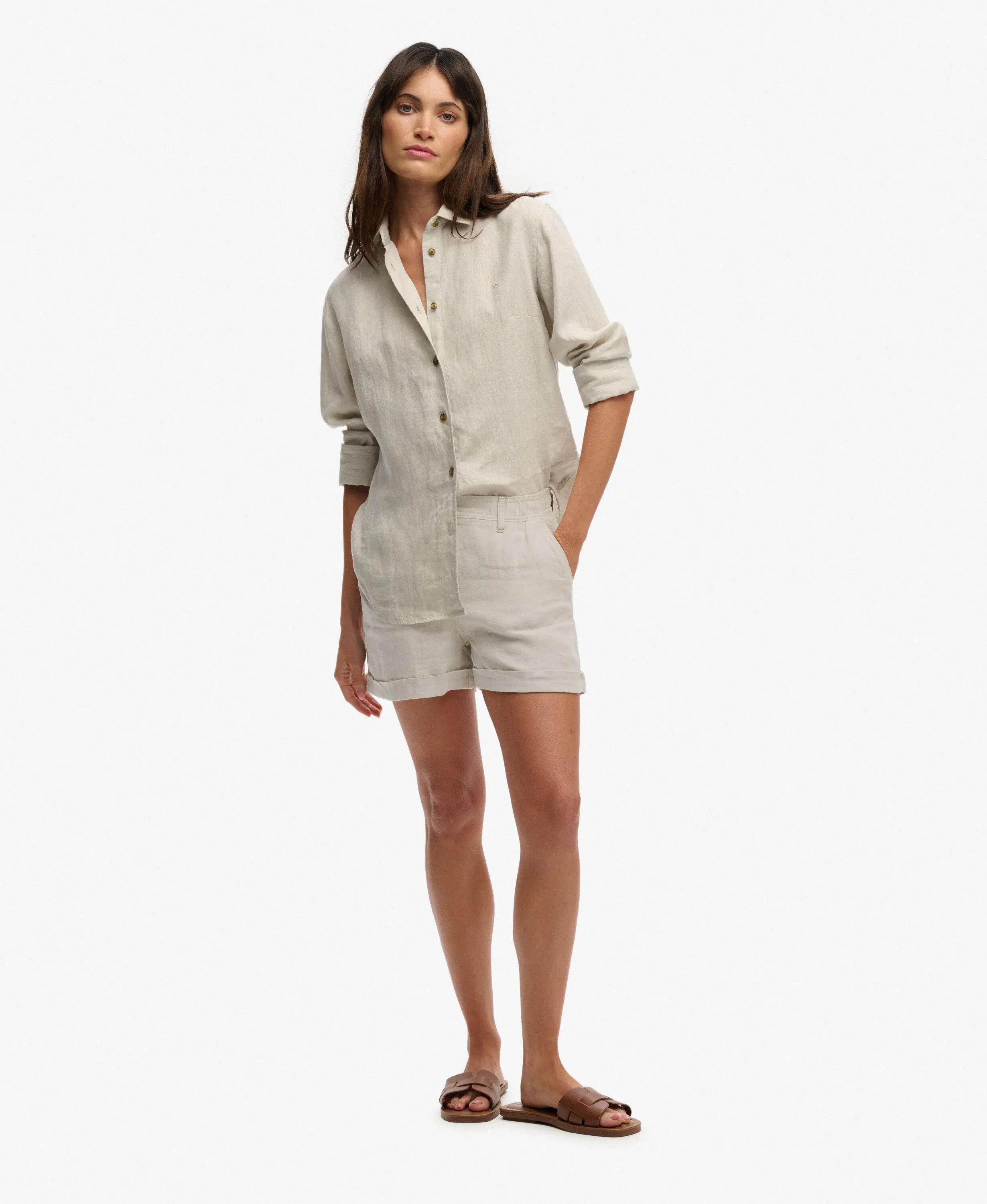 superdry Calções de linho cintura média corte direito – Light Stone Beige 2/6