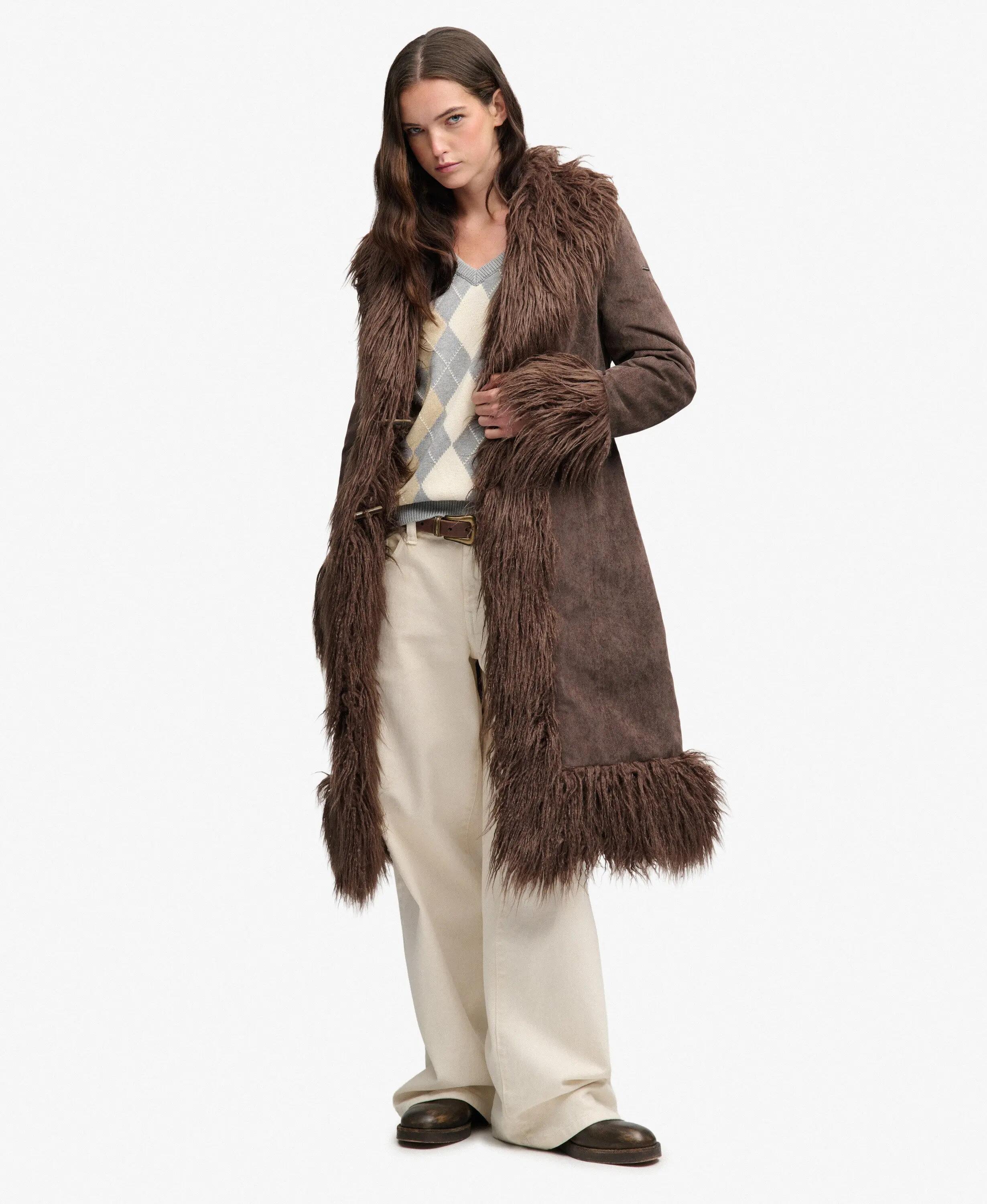 superdry Cappotto lungo Afghan slim in velluto a coste con imbottitura – 5/7