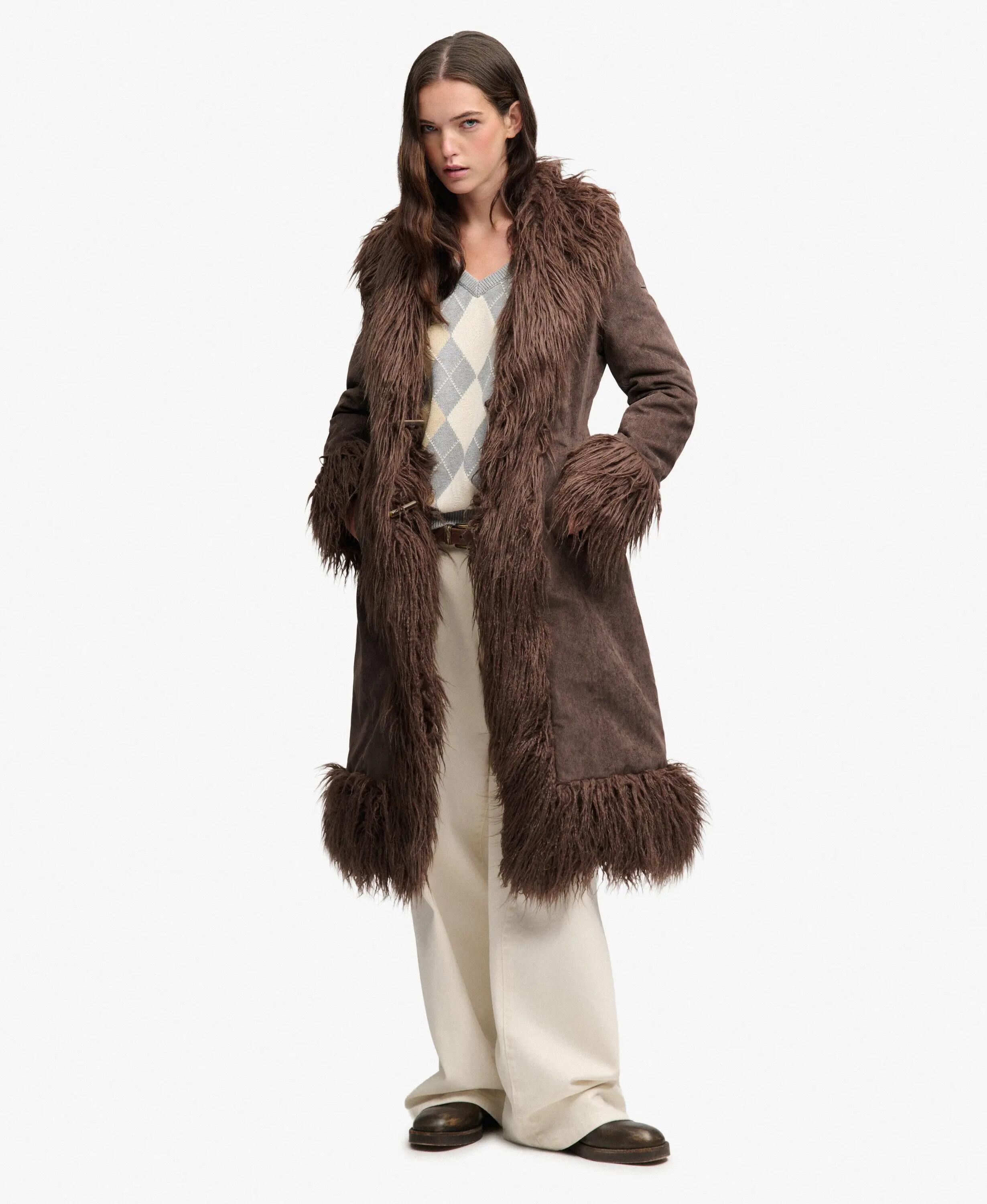 superdry Cappotto lungo Afghan slim in velluto a coste con imbottitura – 2/7