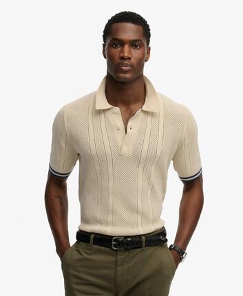 superdry Kurzarm-Polo in Strick 100% Bio-Baumwolle – Oatmeal Beige