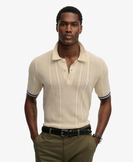 superdry Kurzarm-Polo in Strick 100% Bio-Baumwolle – Oatmeal Beige