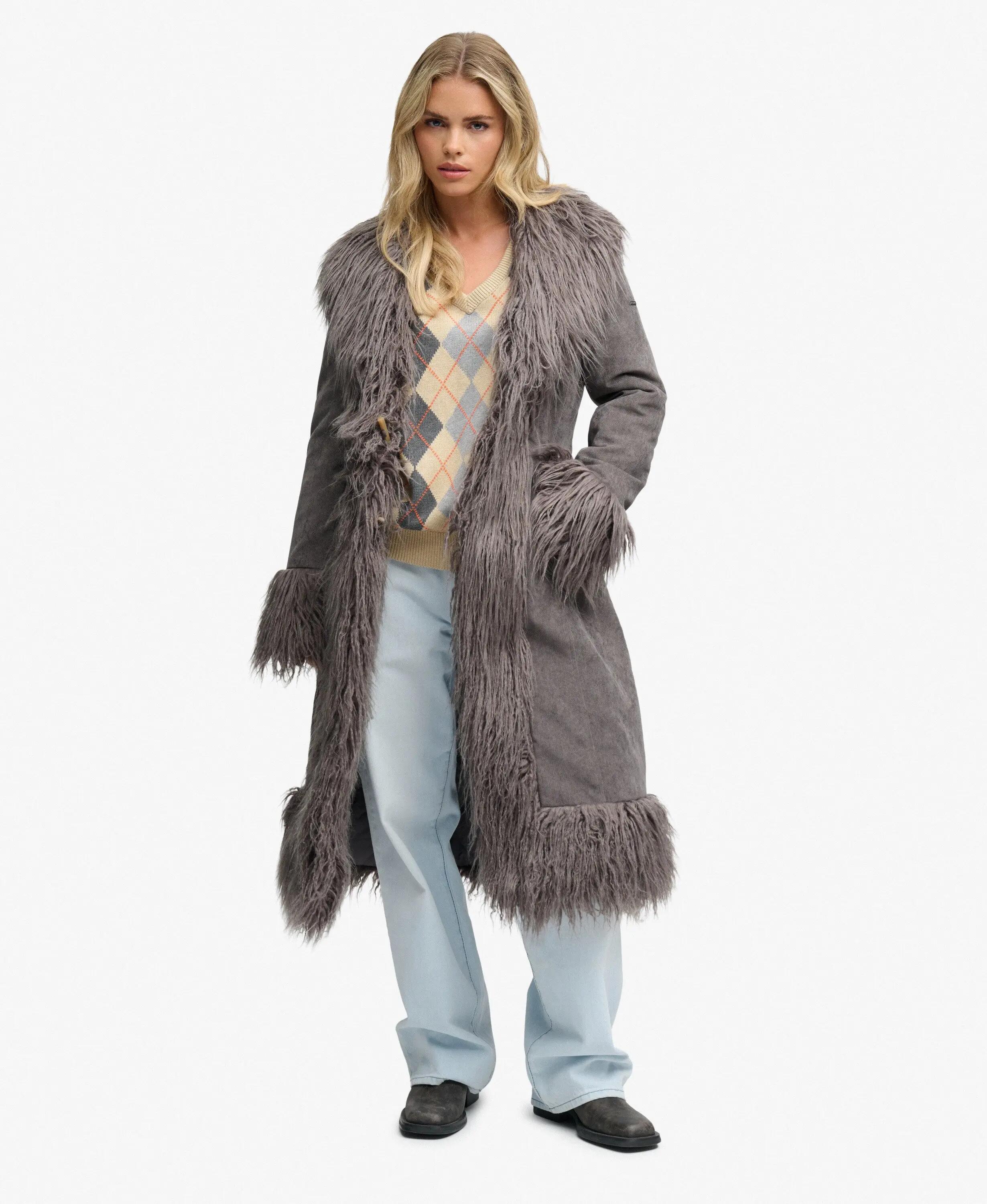 superdry Long Afghan Coat casaco longo slim em bombazina – Cosmic Blue 2/7