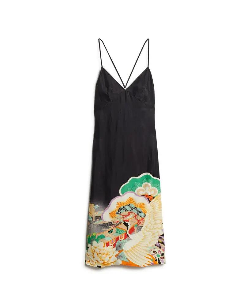 superdry Vestido slip midi estampado em cupro-viscose – BLACK FUNETOTSURU 7/7